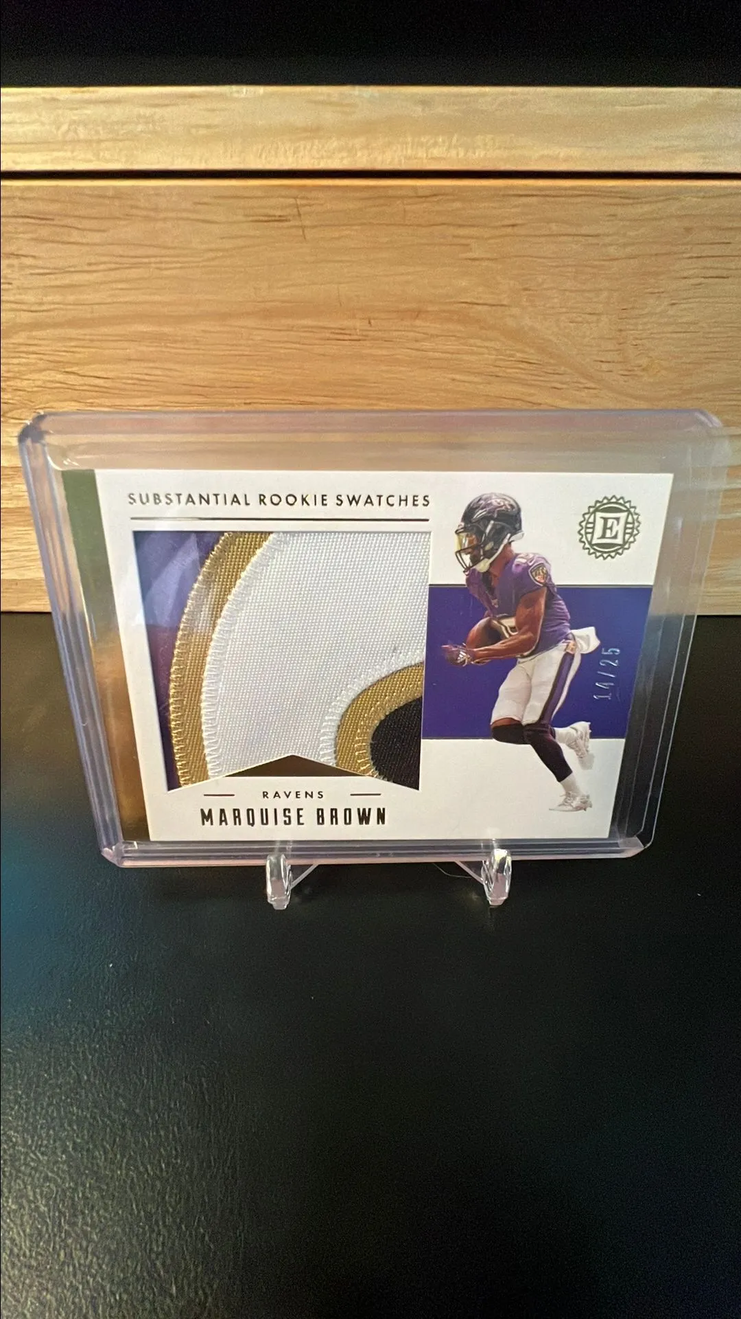 Product image for 2019 Marquise Brown Encased Substantial Rookie Swatches 4 Color Player Worn/Used Patch 14/25