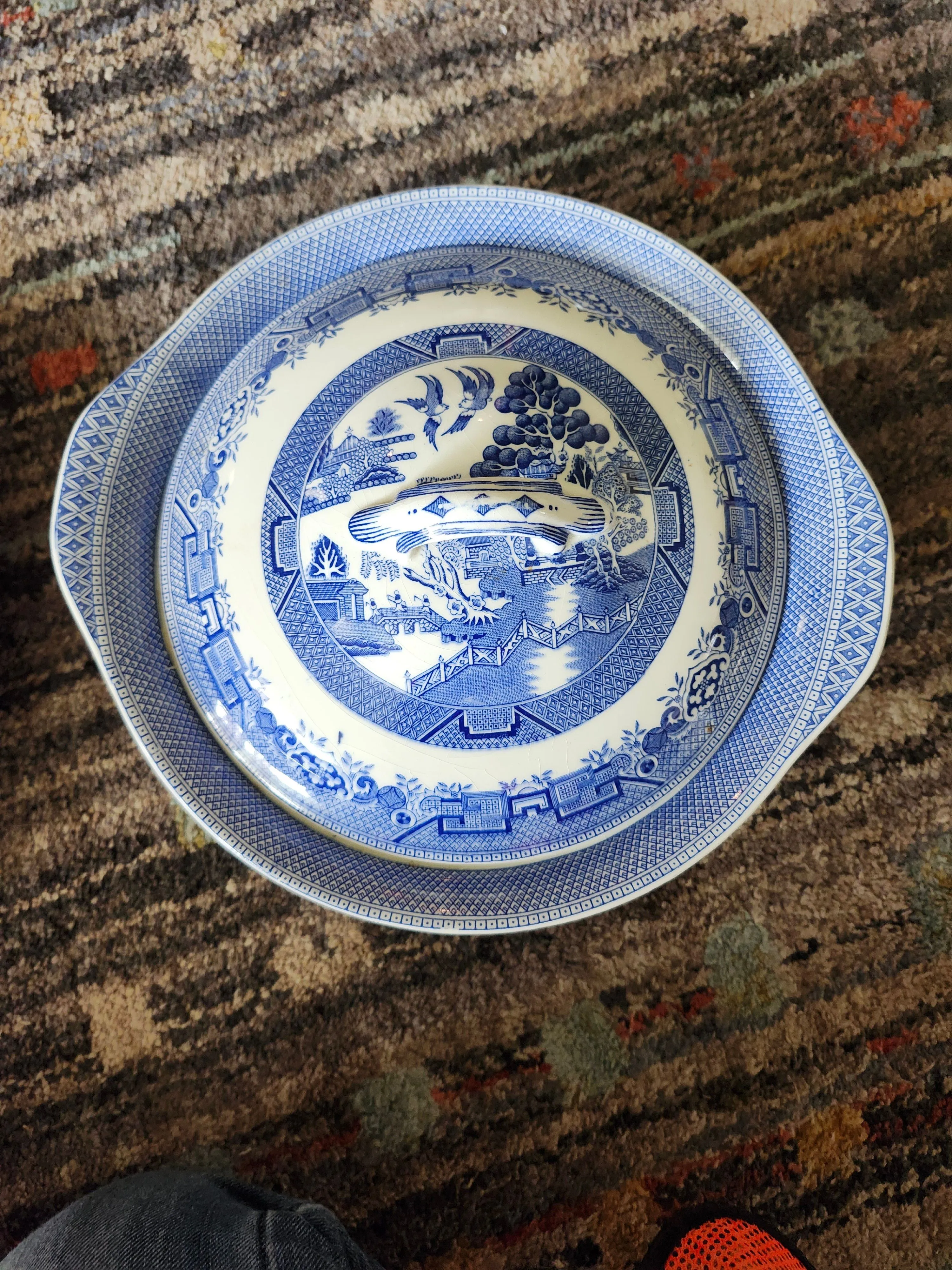 Product image for lidded vegetable casserole dish willow by north staffordshire pottery England pagota blue 