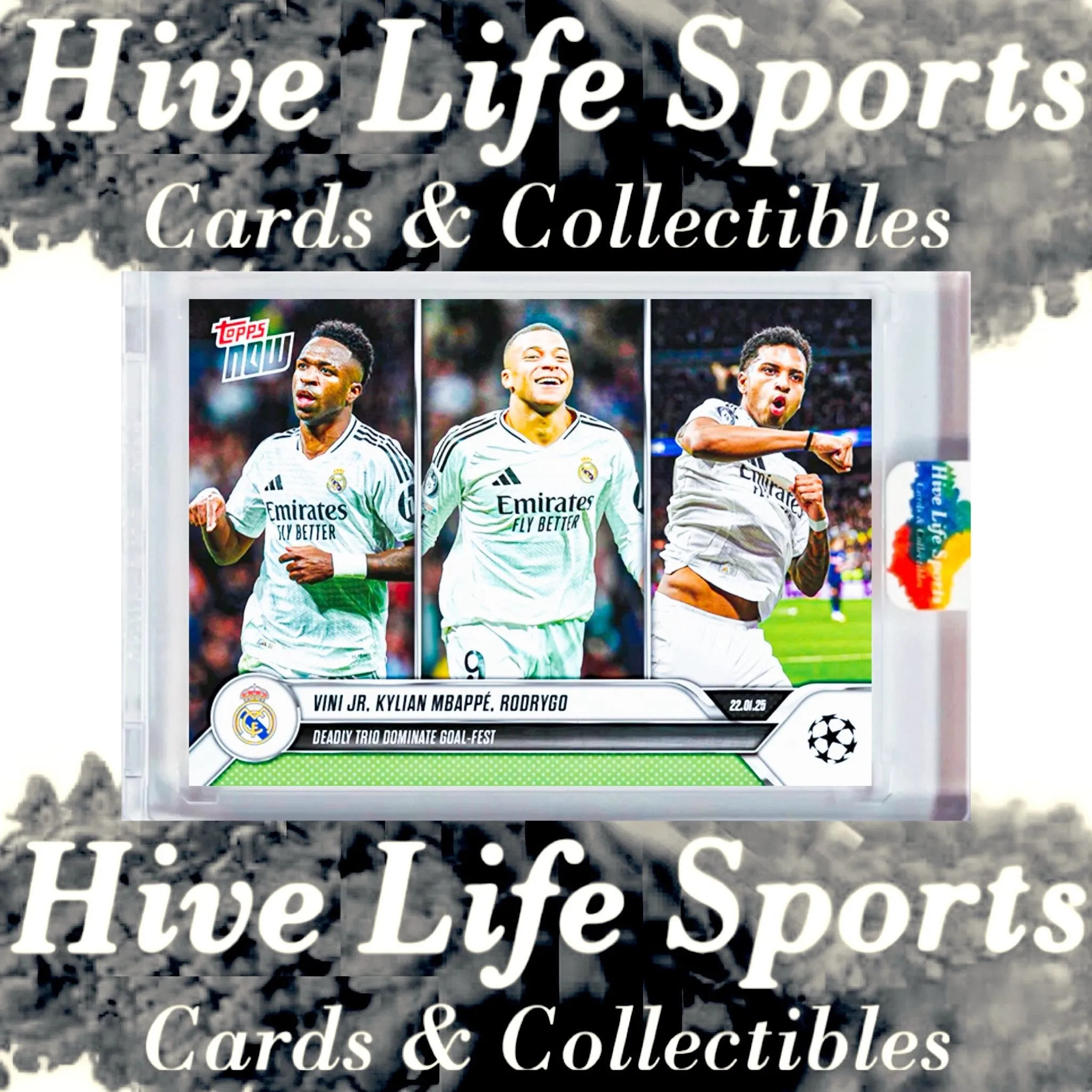 Product image for Kylian Mbappe Vini Jr Rodrygo 2024-25 Topps Now UCL #83 Real Madrid w/ HLS One Touch