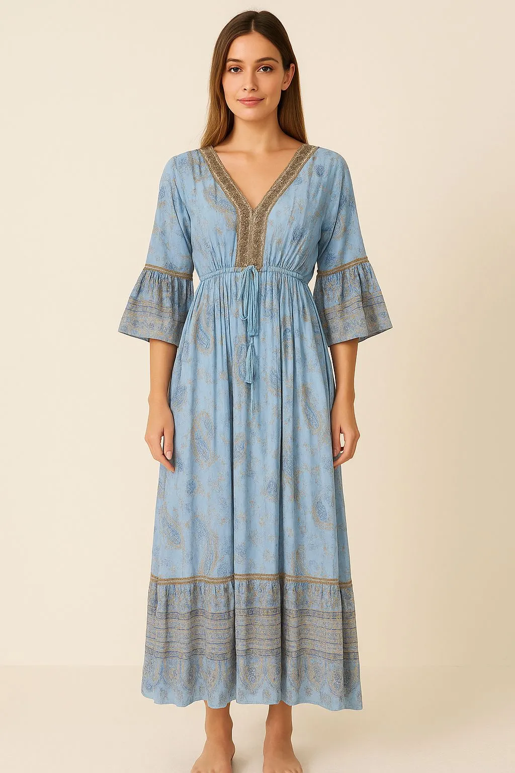 Product image for 248. Elegant Blue Maxi Dress with Gold Accents
