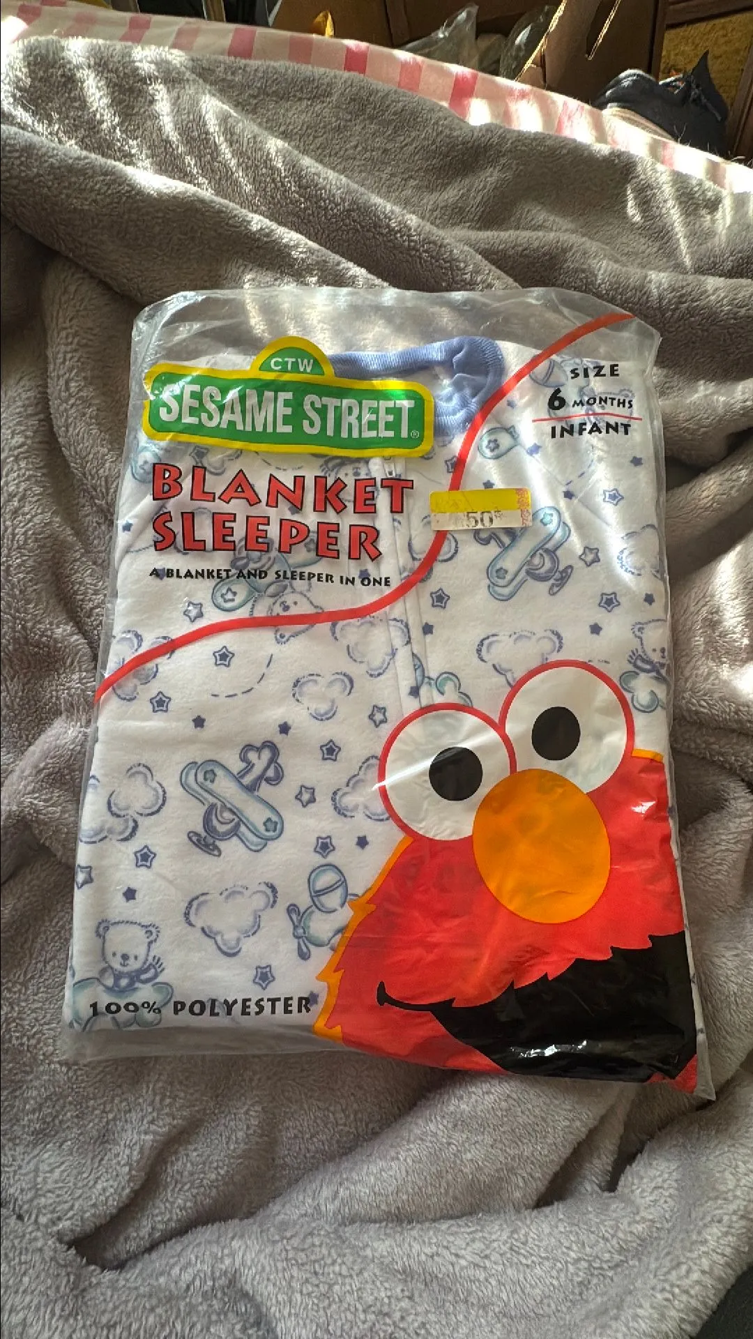 Product image for Vintage Sesame Street blanket, sleeper size 6 months, blue airplanes, and clouds