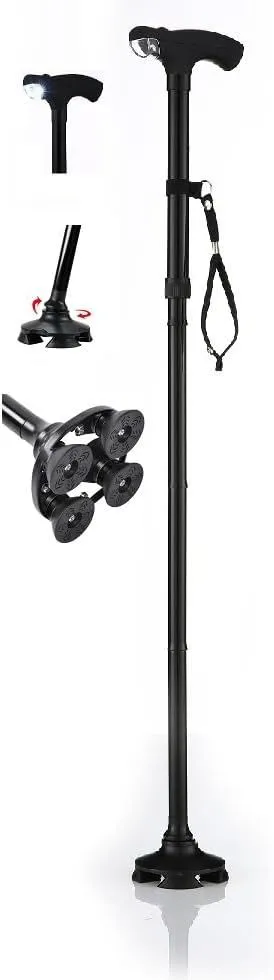 Product image for Short Cane | Adjustable from 27-32 inches | Self Standing | 4 Rubber Feet | LED Light | Walking Cane | Foldable | Wrist Strap