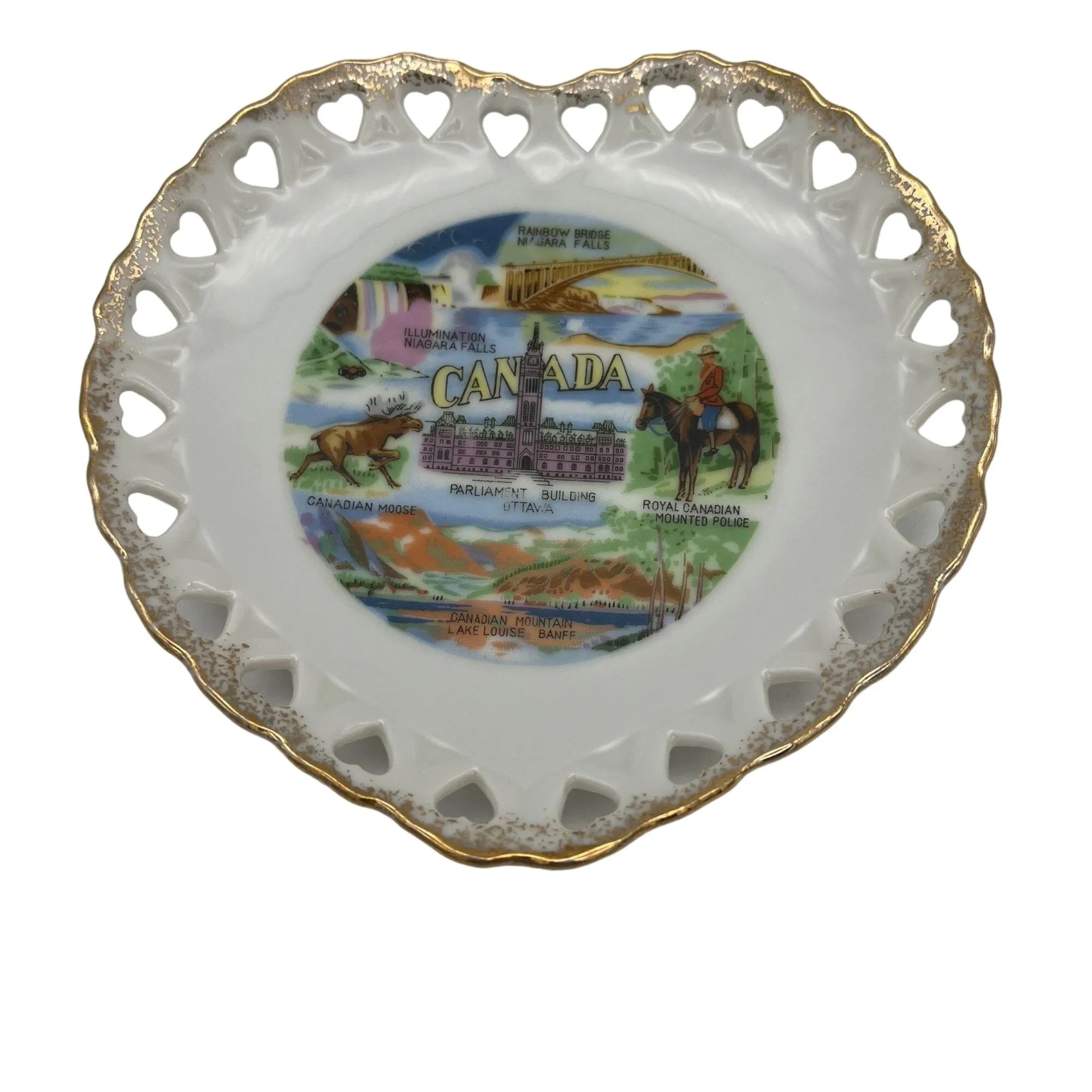 Product image for Vintage Heart Shaped Collectible Plate Canada White w/ Gold Trim 6" Hand Painted