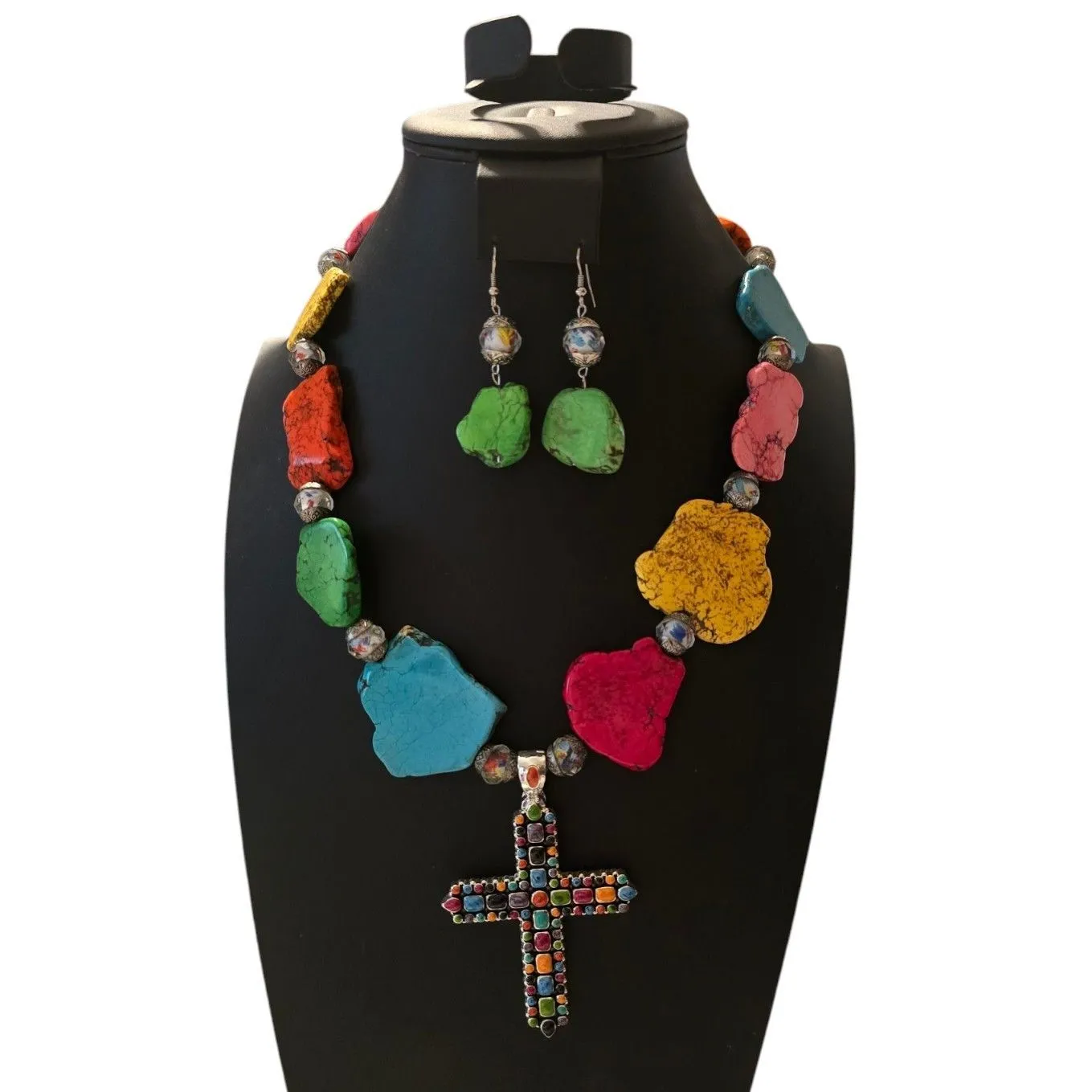 Product image for 026 Set of Earrings and 22" Necklace With Best Marked Mosiac Style Cross  Enhancer4