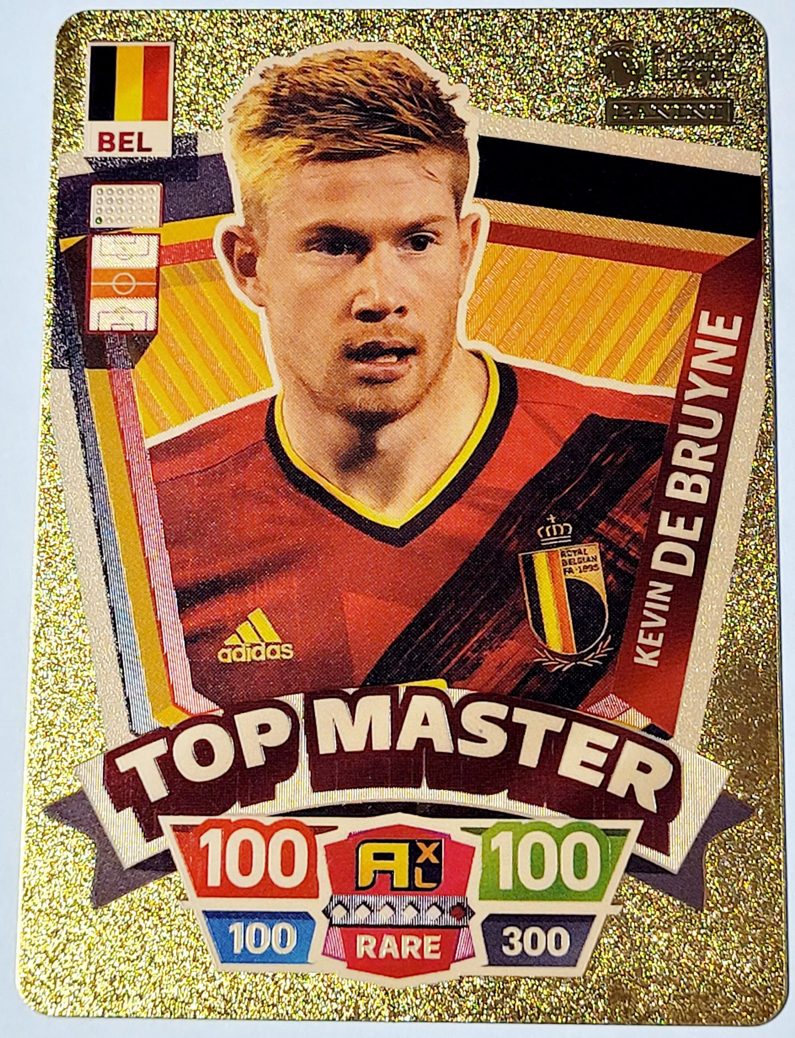 Product image for 2022 Kevin DeBruyne Panini World Soccer Stars Top Master Plastic GoldColor Card Near Mint Condition.