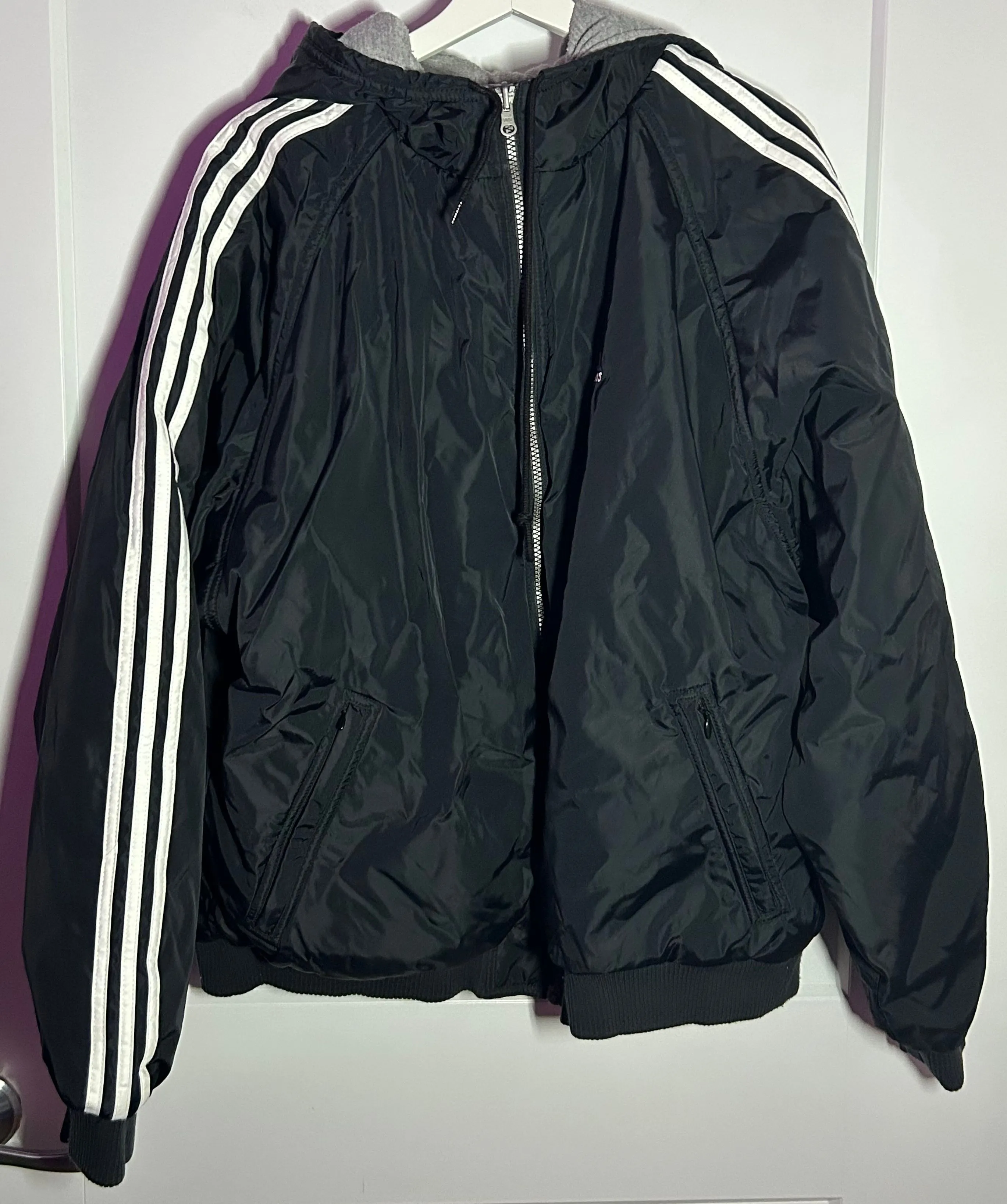 Product image for Adidas Men's Reversable Heavy Weight Coat Black Grey Size XL Pockets Hood