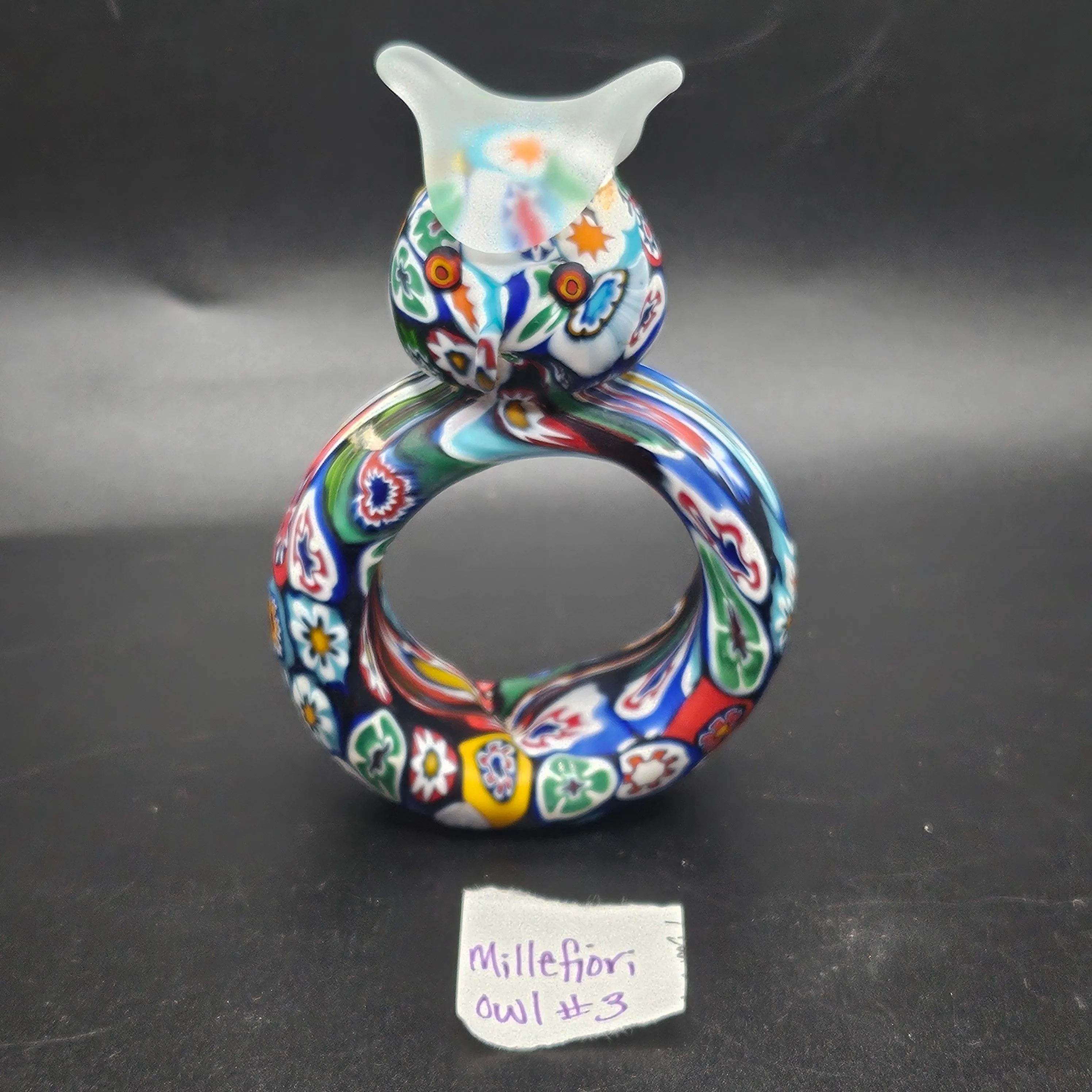 Product image for #3 HTF Vintage KB Italy Murano Venetian Art Glass Satin Millefiori Cut Cane Owl Napkin Ring RARE!