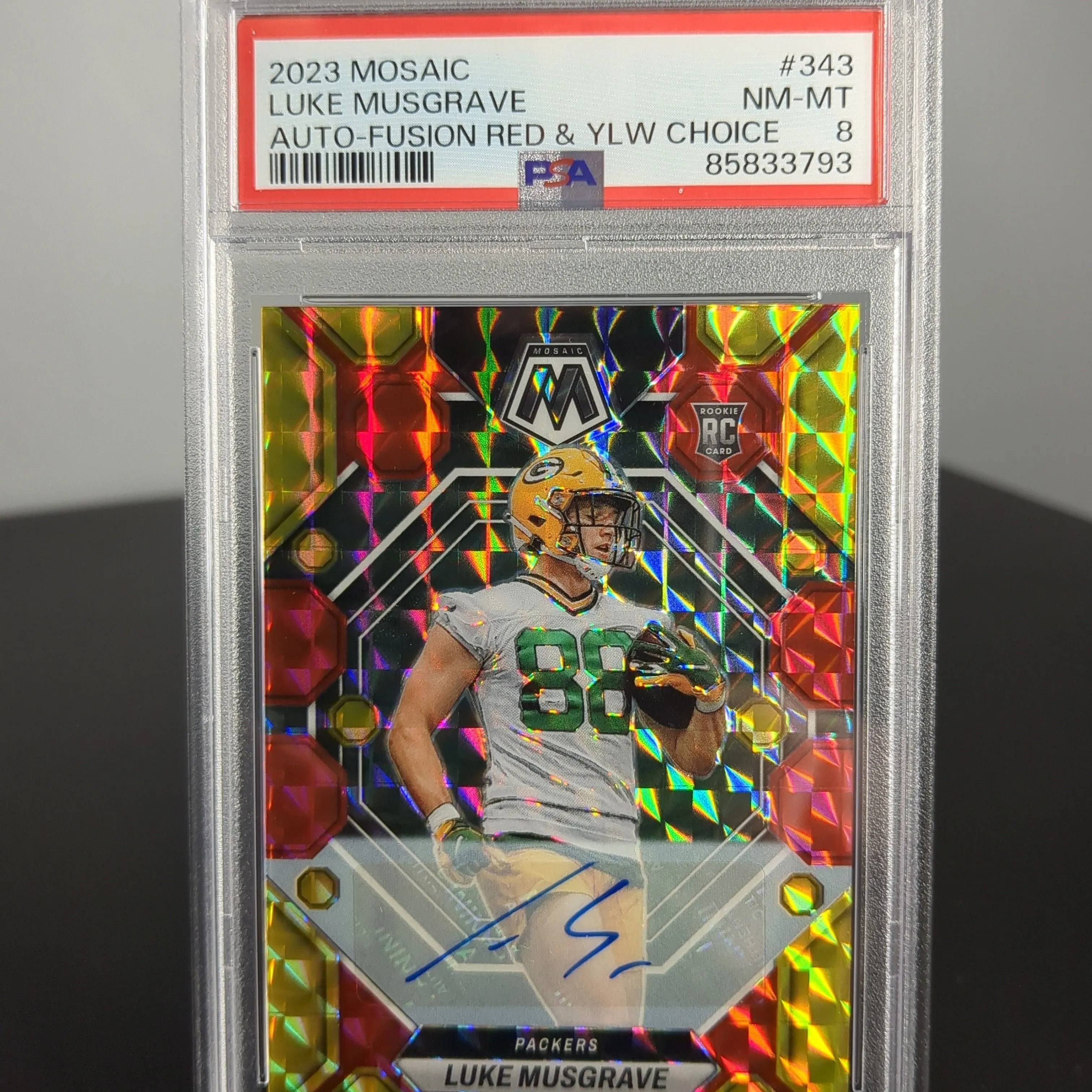 Product image for 2023 Panini Mosaic Luke Musgrave 343 Auto-Fusion Red & Ylw Choice PSA NM-MT 8