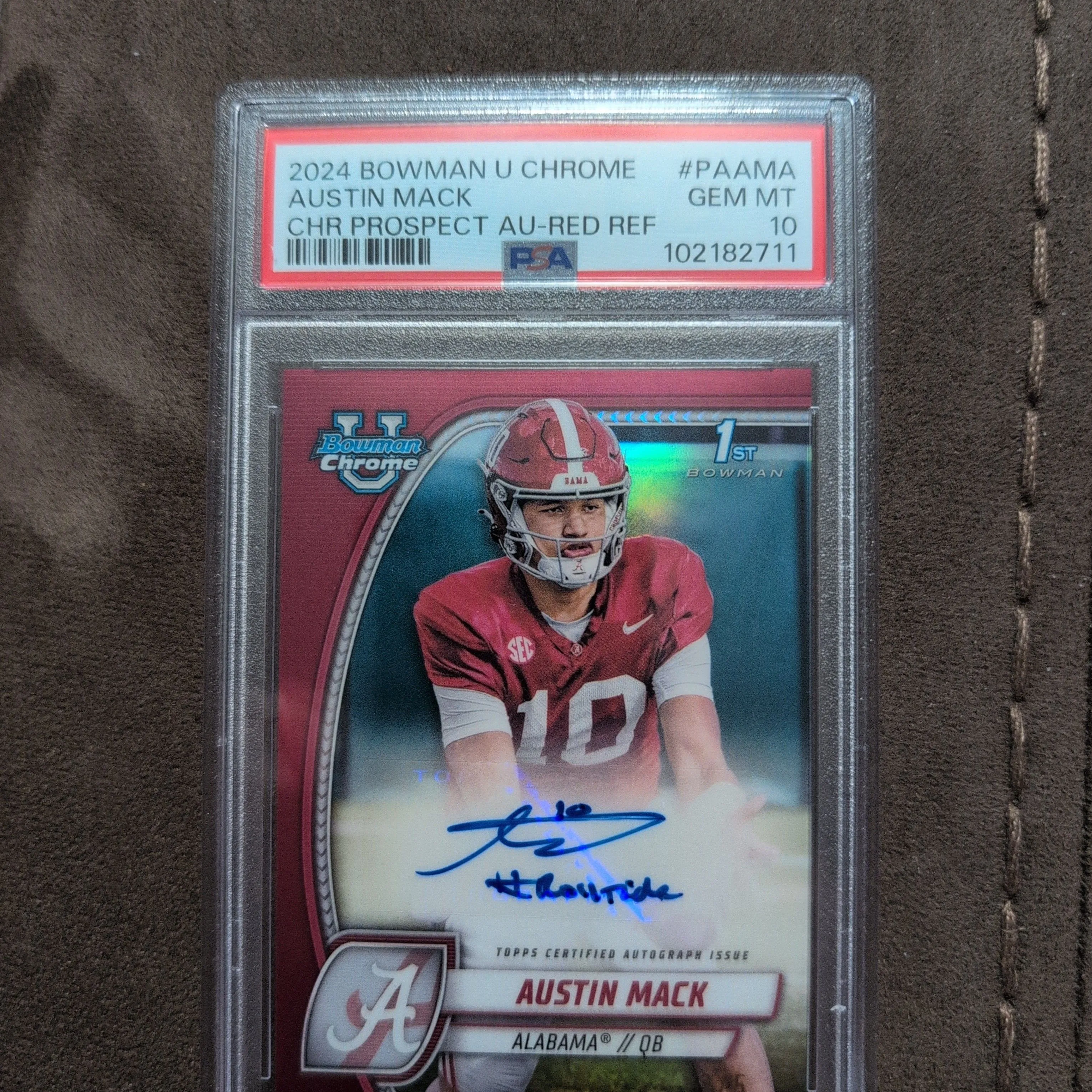 Product image for 2024 Bowman Chrome University Austin Mack Red Refractor Autograph 2/5 PSA 10