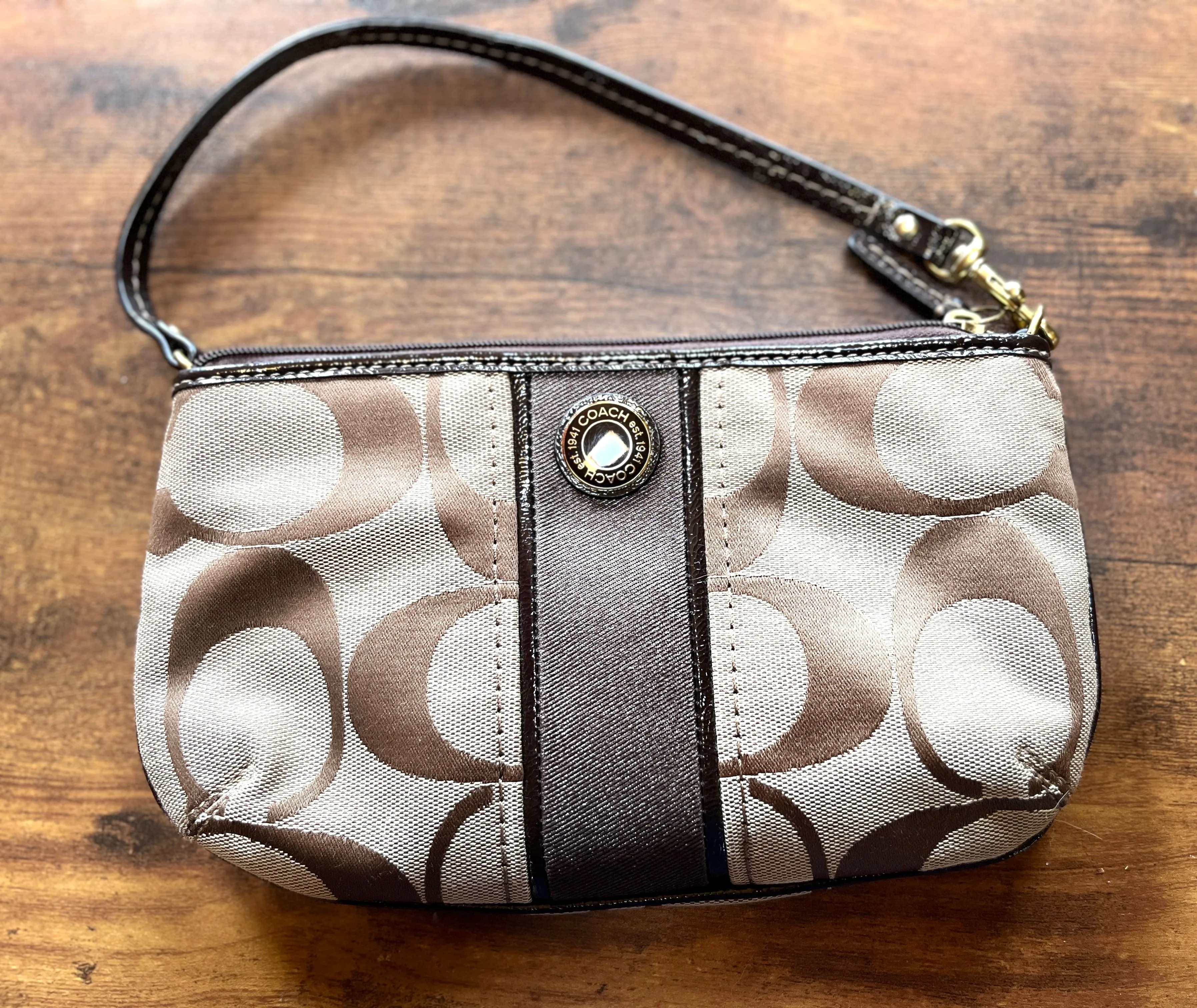 Product image for Coach Signature Large Stripe Brown Wristlet Pouch