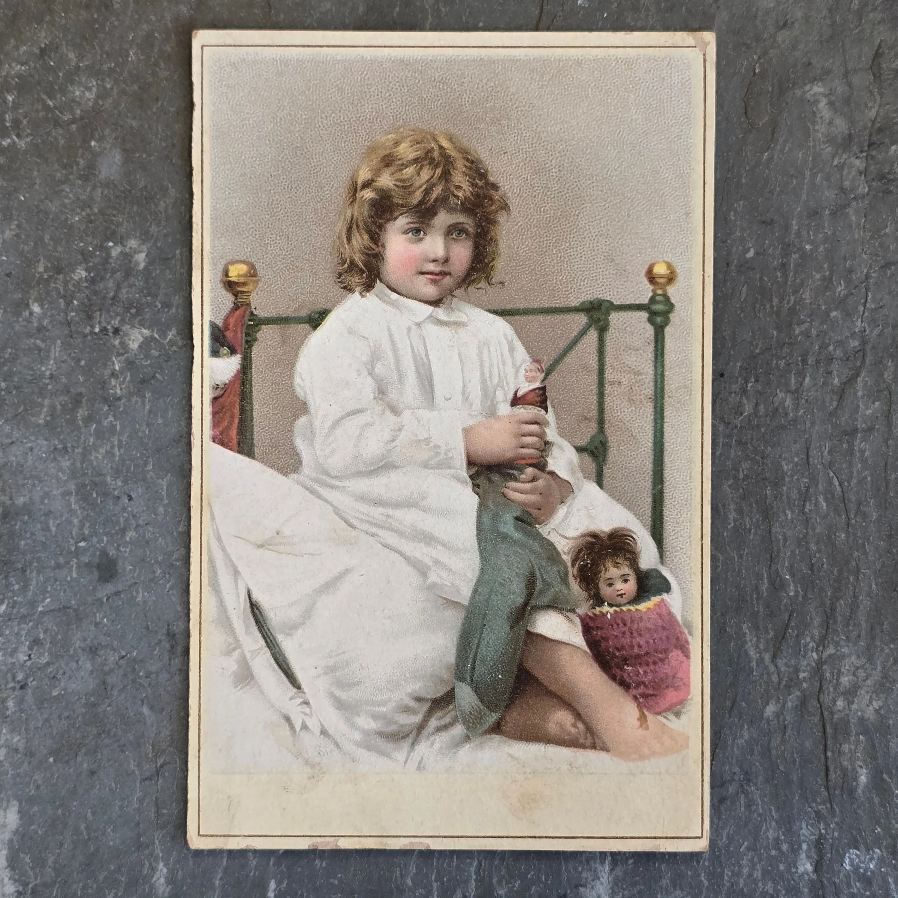Product image for Little Girl in Bed with Dolls New Orleans Coffee Co. Victorian Trade Card (WNB1-69)