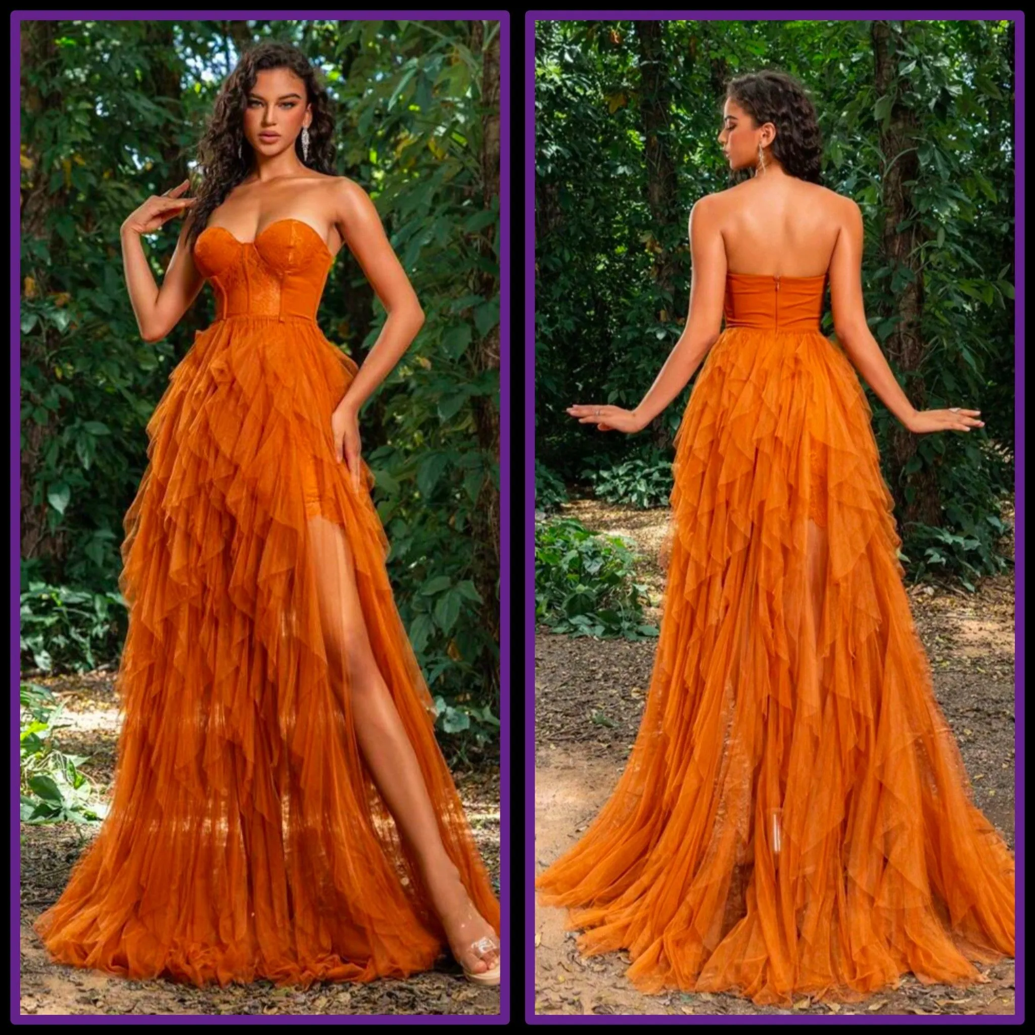 Product image for Burnt OrangeBurnt Orange Strapless Mesh Overlay Hem Slit Thigh Tulle Dress. Size S.