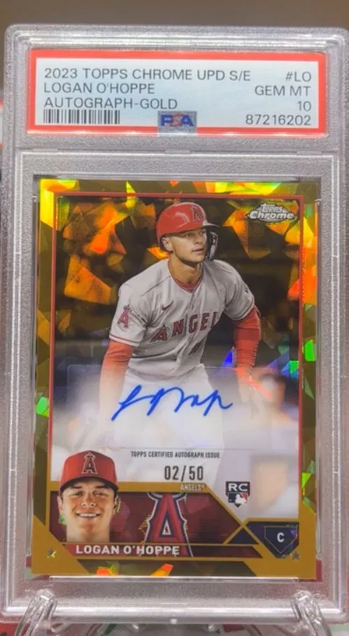 Product image for 2023 Topps Chrome Update Sapphire Edition Autograph Logan O'Hoppe LO Autograph-Gold PSA GEM MT 10