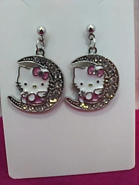 Product image for EC7. Earrings Cat Hello Kitty Moon Cubic Zirconia Pink Bow Pierced Studs NWT 