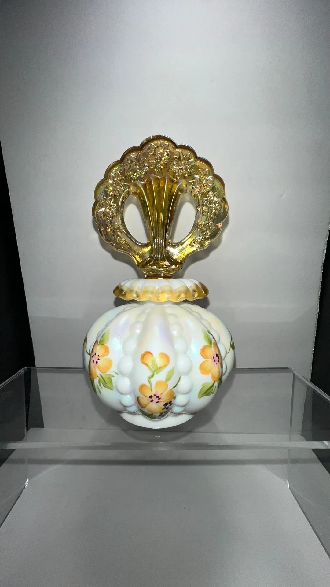 Product image for 1011 Fenton Beaded Melon Iridescent Perfume Bottle, signed by Nancy Fenton, painted by S. Smith