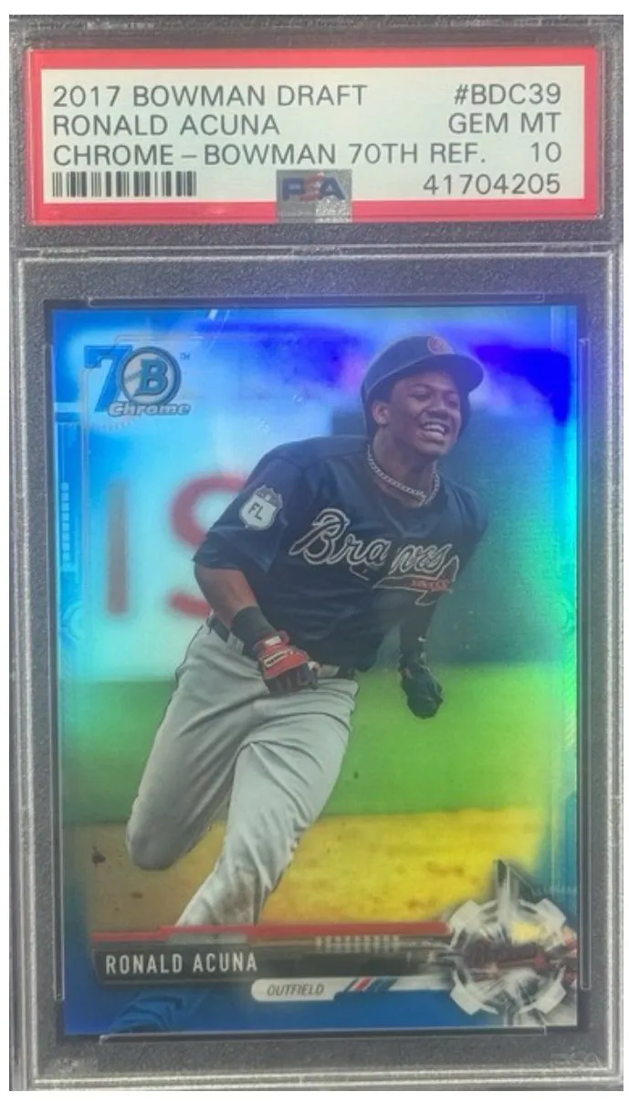 Product image for 2017 Bowman Chrome Draft 70 Anniversary Blue Refractor Ronald Acuña Jr /200 PSA 10