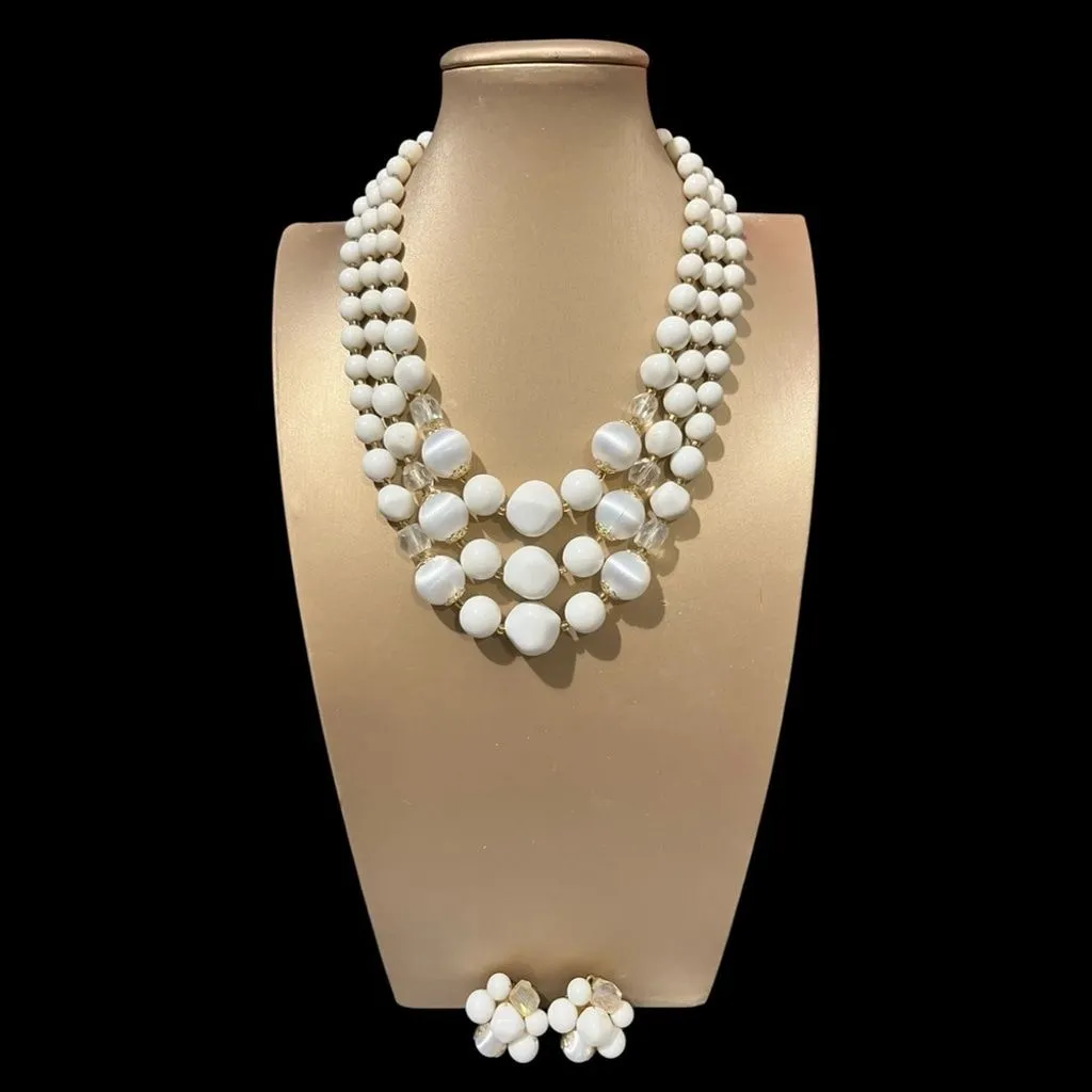 Product image for Vintage Triple Strand Lucite Beaded Necklace and Earring Set