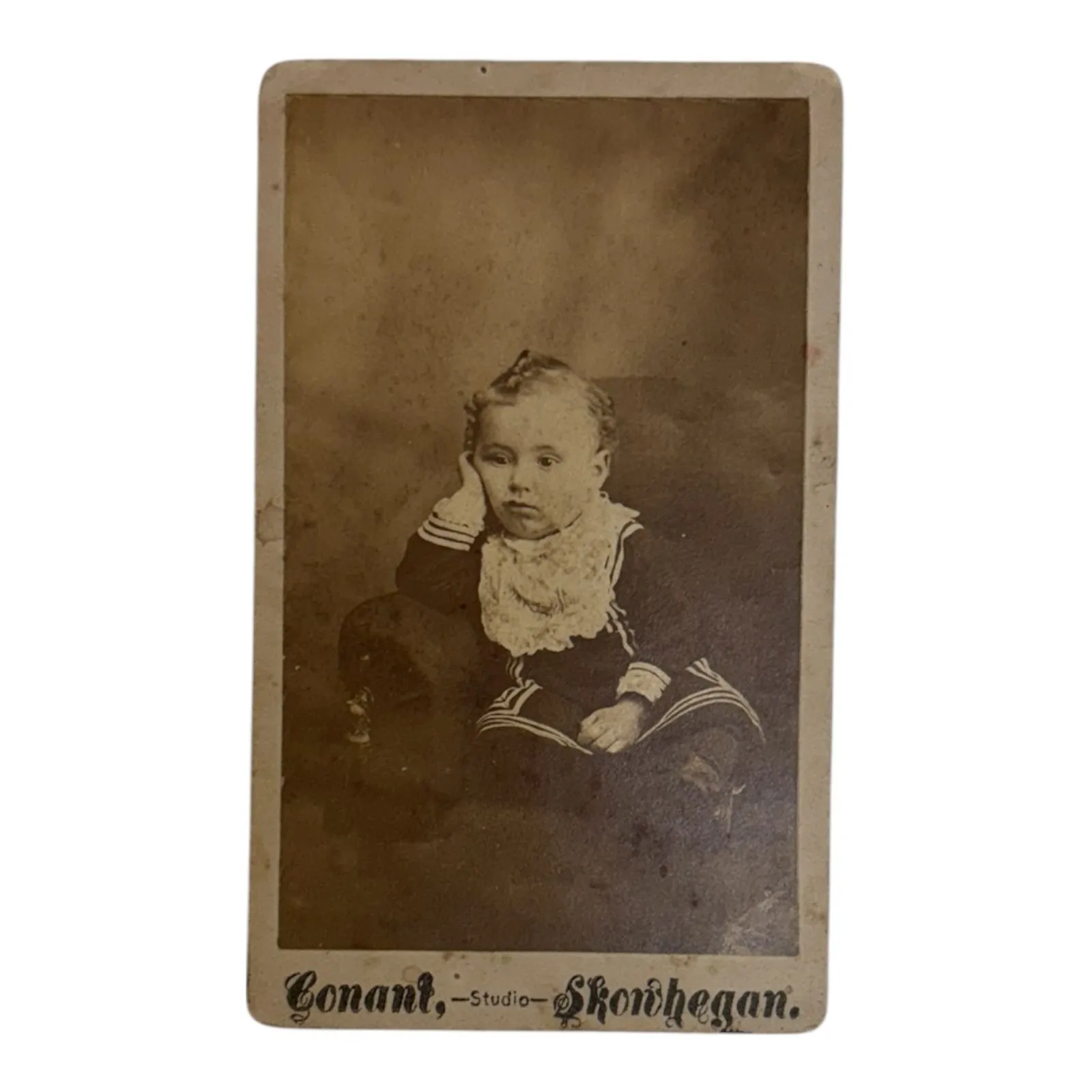 Product image for Adorable Bored Fancy Dressed Toddler Boy CDV * Lace at Neck & Cuffs * Conant Studio in Skonhegan