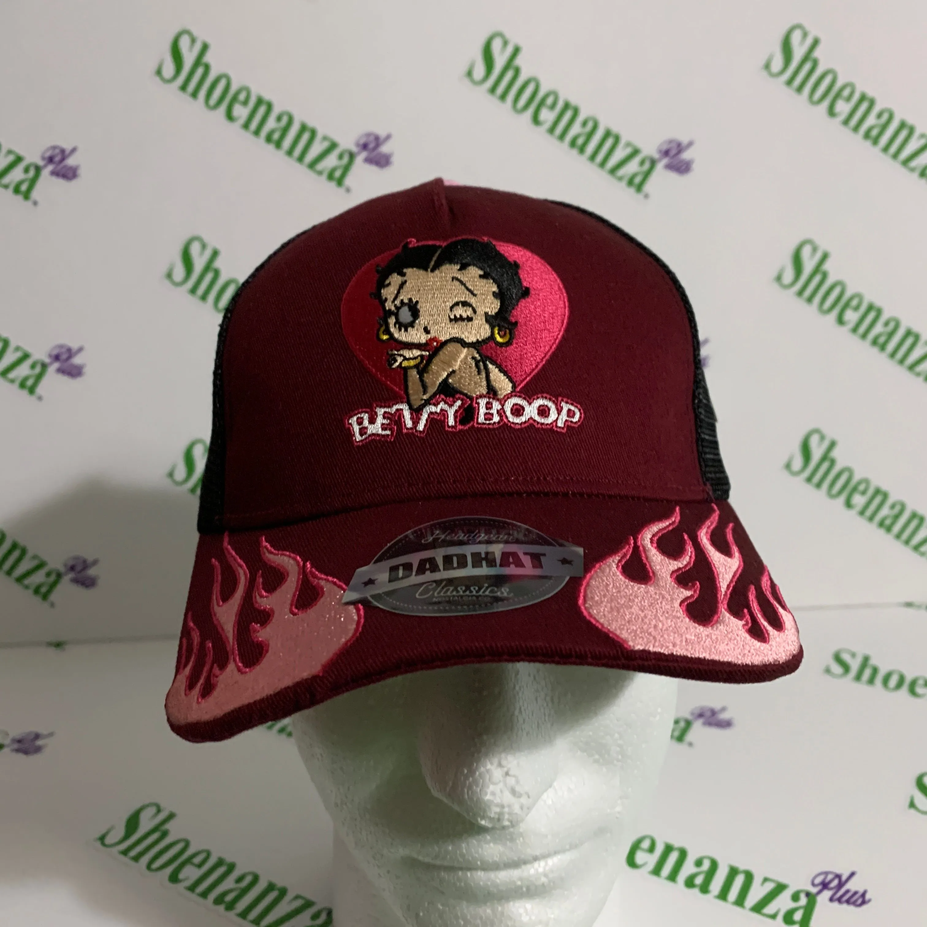 Product image for Headgear Classics Hat Betty Boop Motorcycle Club Flames Trucker Maroon Pink Cap