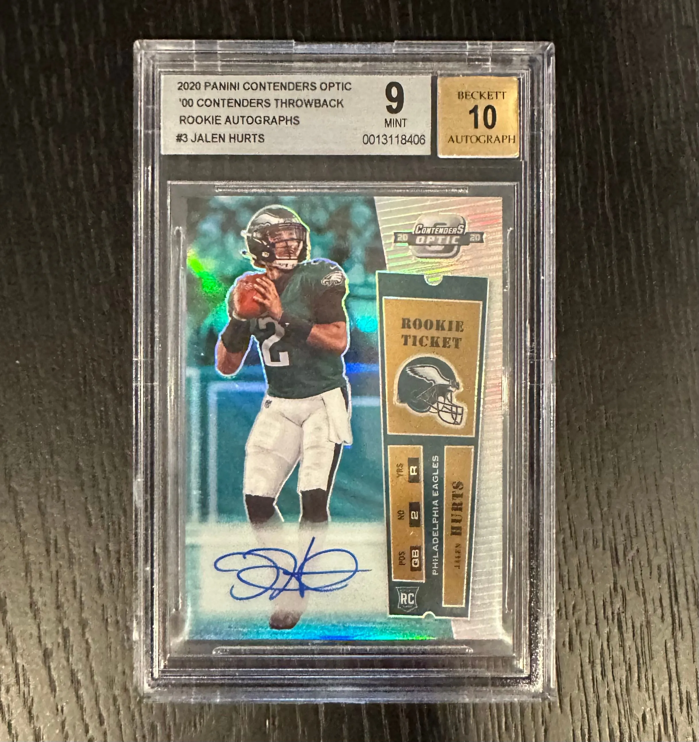 Product image for 2020 Panini Contenders Optic Throwback Ticket Jalen Hurts Rookie Auto /25 BGS 9 Auto 10 Beckett