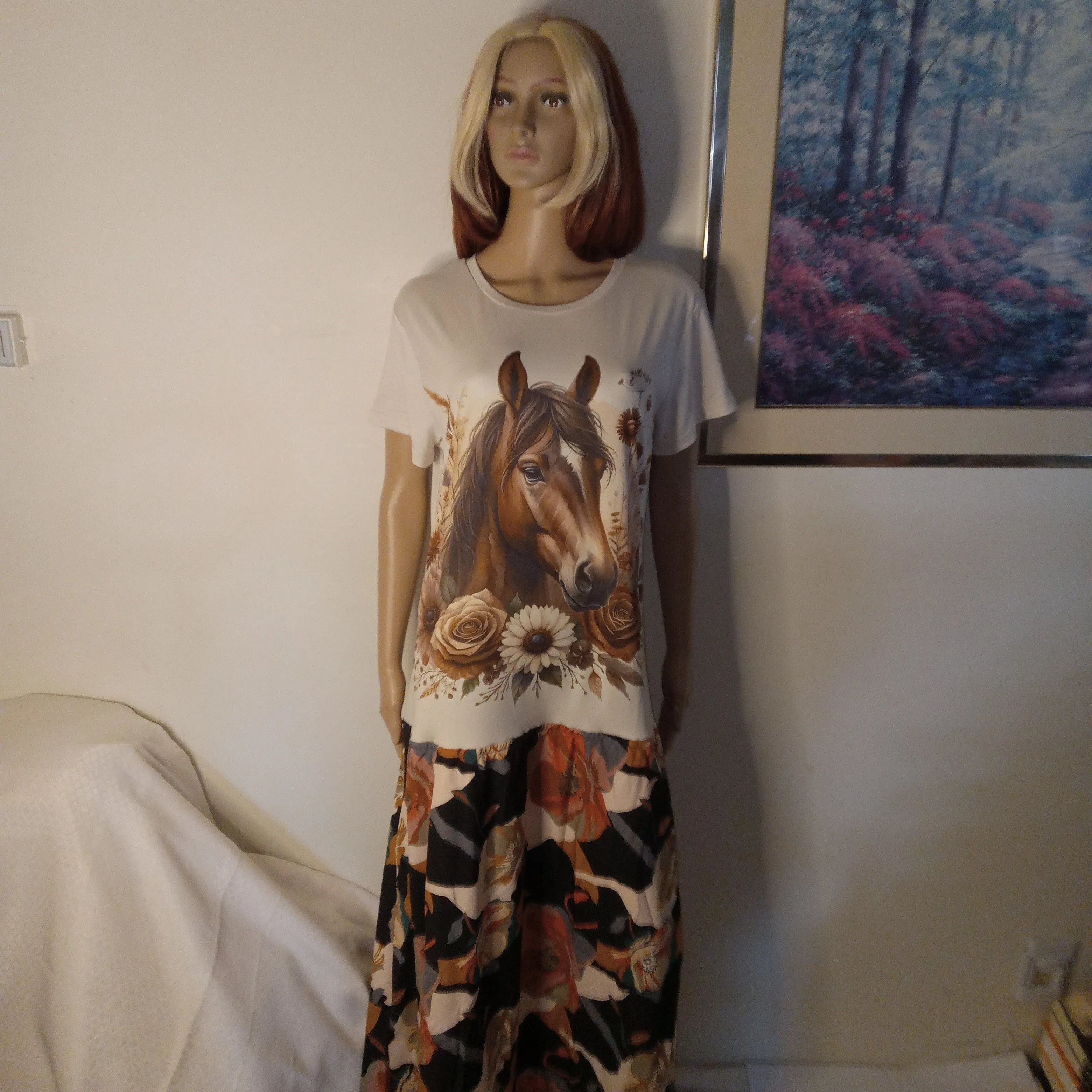 Product image for D10. Dress Horse & Flowers XL Maxi Upcycled Western Style New