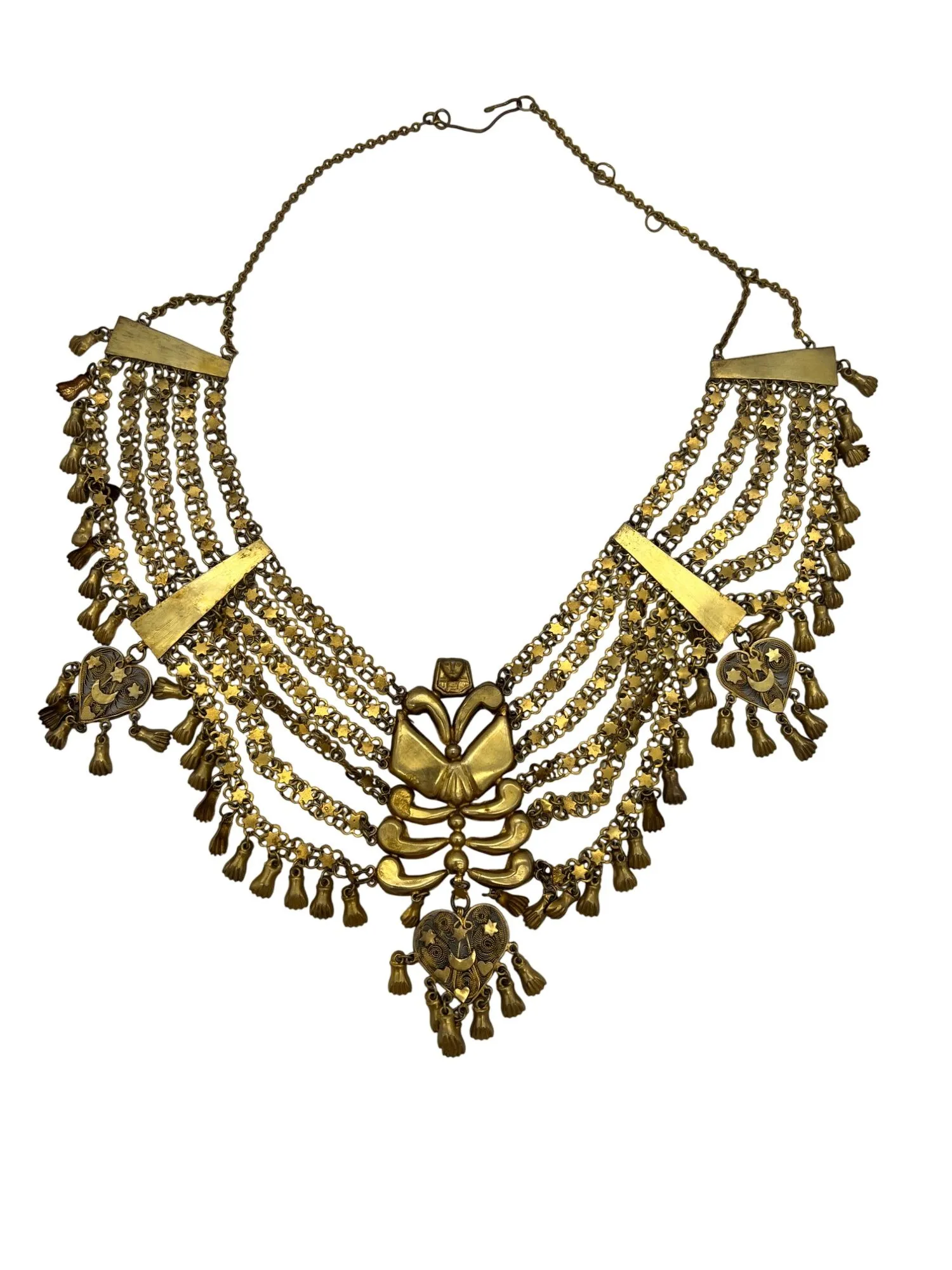 Product image for Vintage Egyptian Revival Brass Skeleton Necklace Moon Stars Heart Charms 11 Inch