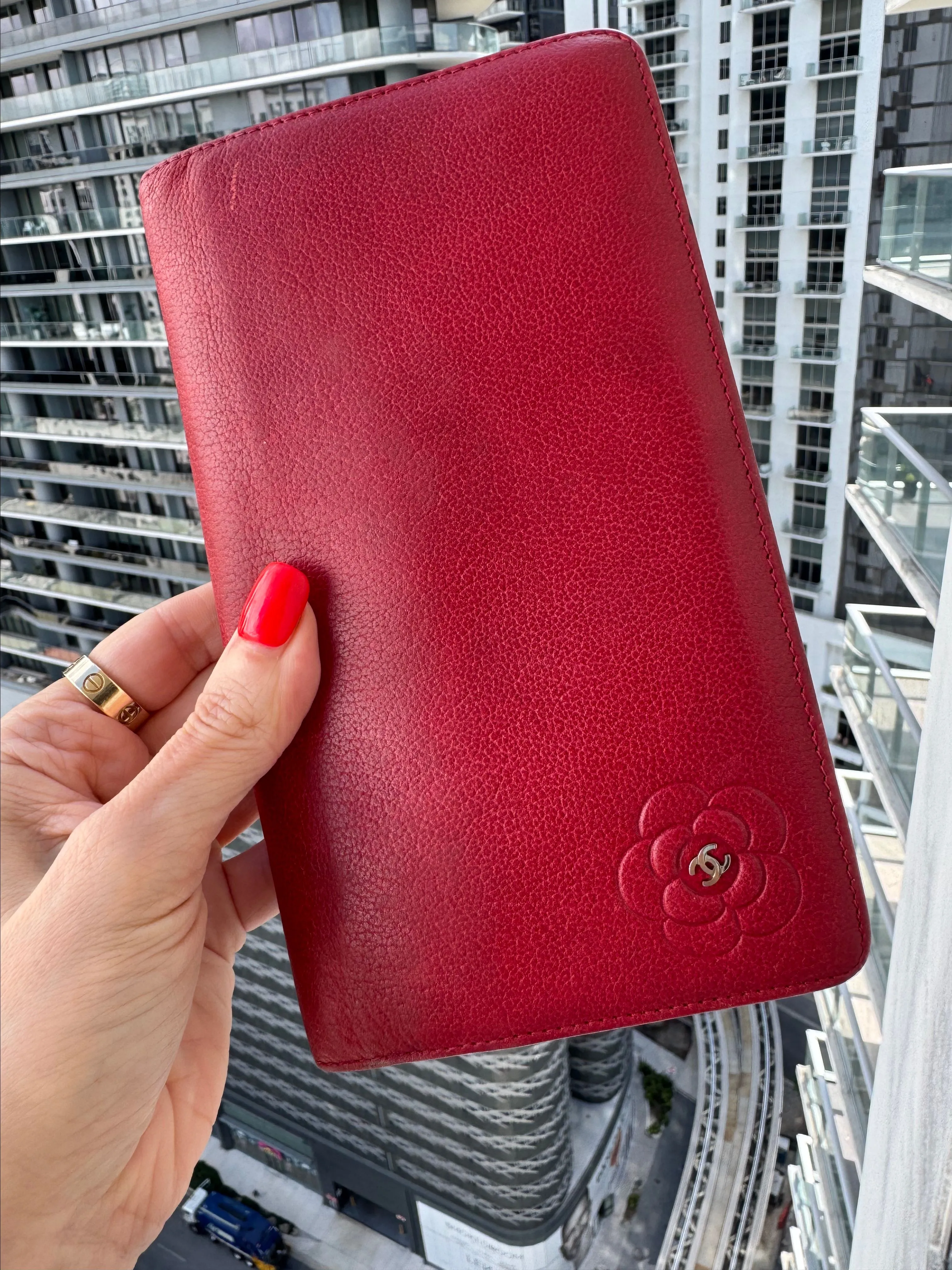 Product image for 38. CHANEL Camellia Goatskin Wallet in Red
