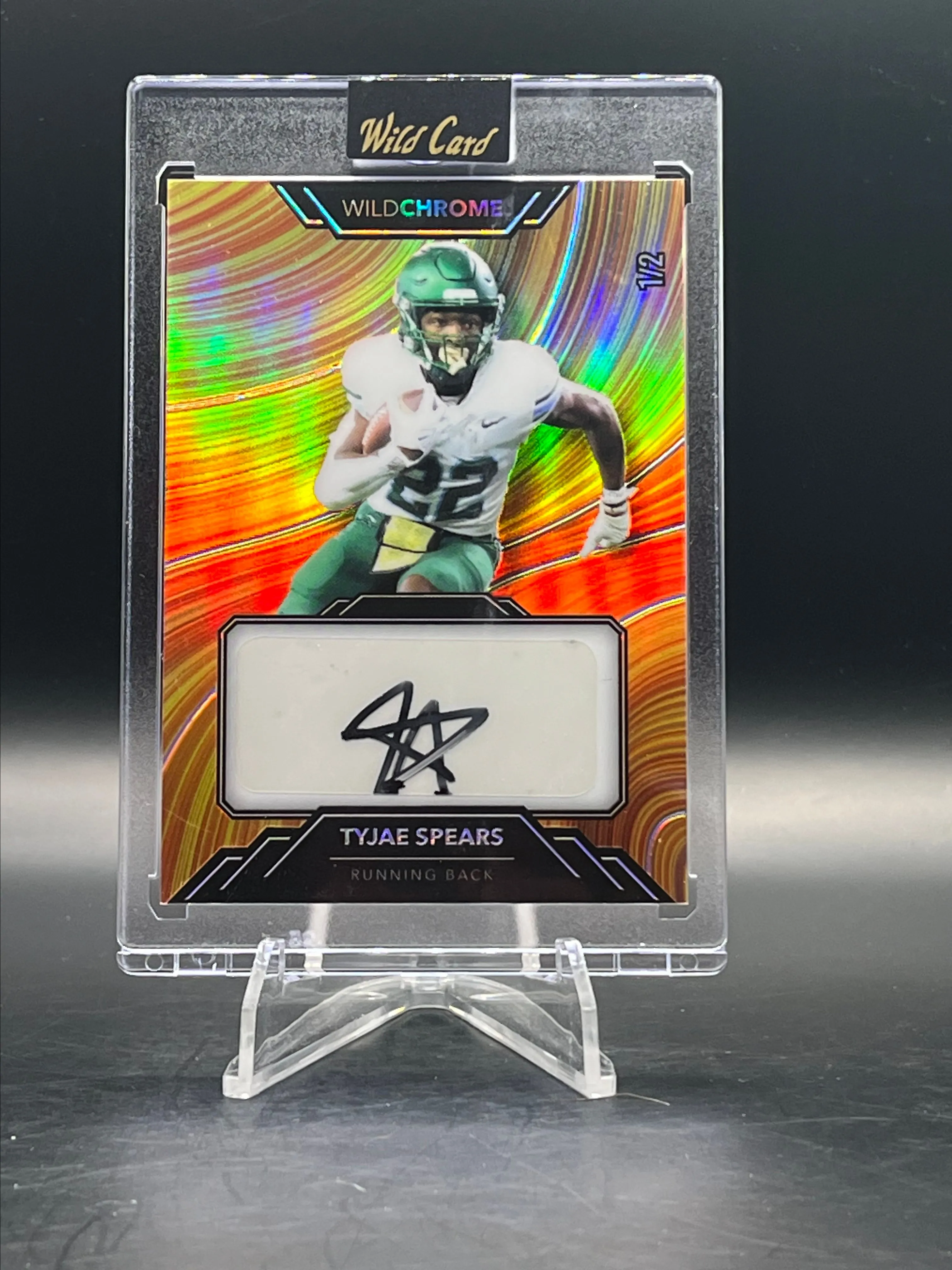 Product image for 1/2 Tyjae Spears Tulane / Titans RB 2023 Wild Card WildChrome WildRibbon Auto Gold Rainbow Holo