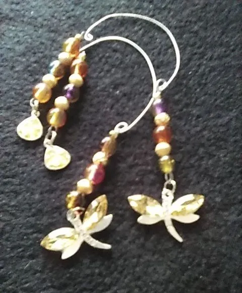 Product image for Earrings Wrap Around Amber Rhinestone Dragonfly's & Beads Vintage Charms Artisan