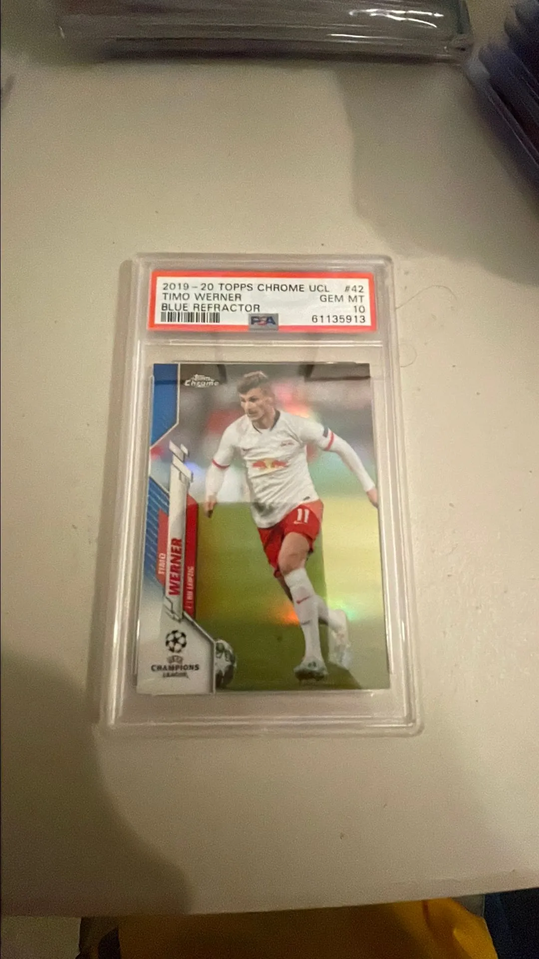 Product image for 2019 Topps Chrome Uefa Champions League Timo Werner Blue Refractor PSA GEM MT 10