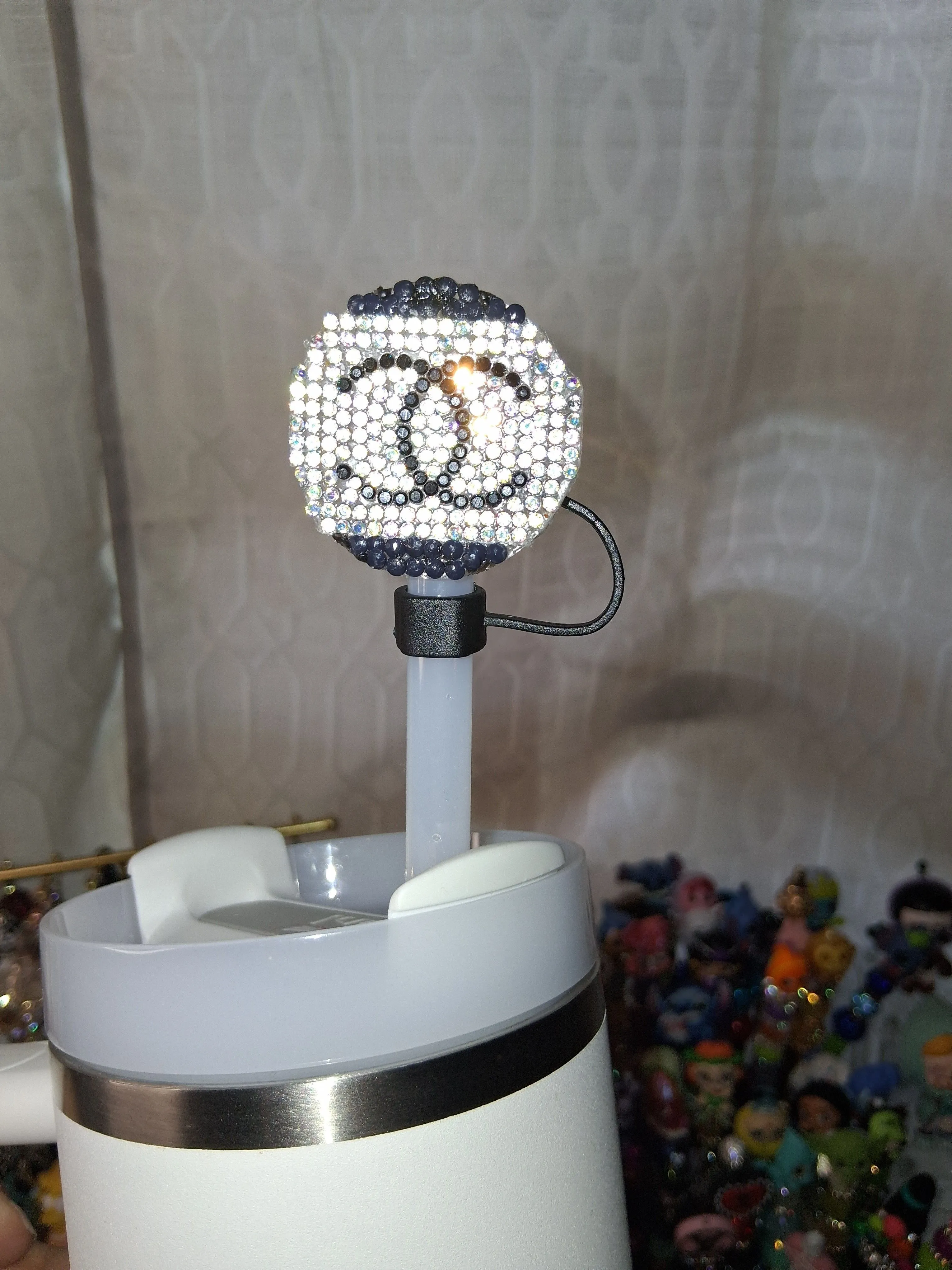 Product image for AB Rhinestone Chanel CC Inspired Straw Topper for Stanley Tumblers (front and back design 