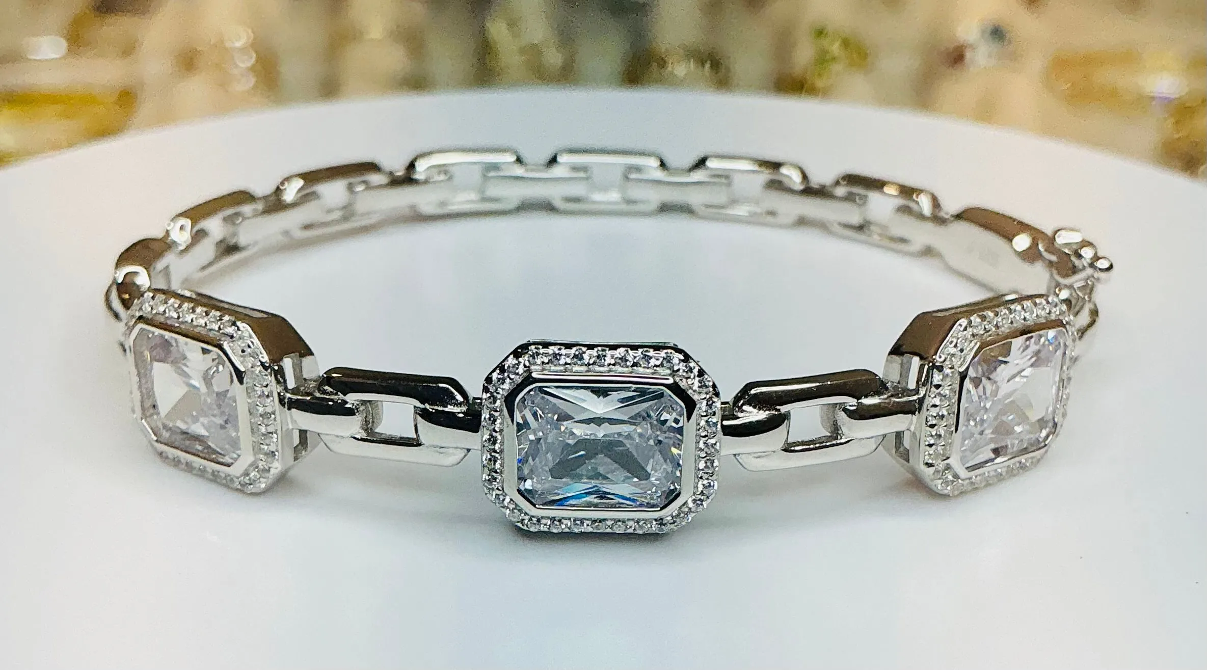 Product image for Sterling silver halo stone bangle (silver tone)