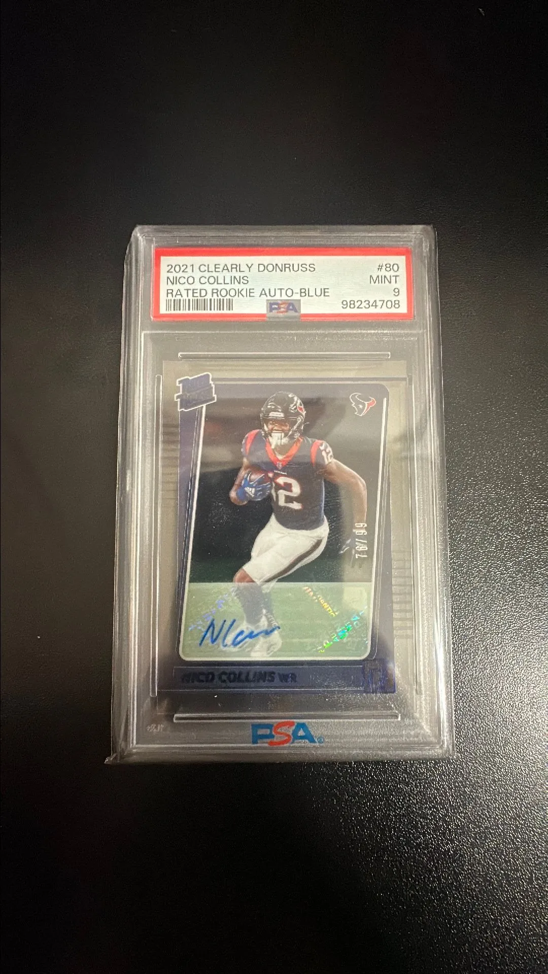 Product image for 2021 Panini Clearly Donruss Nico Collins 80 Rated Rookie Auto-Blue PSA MINT 9
