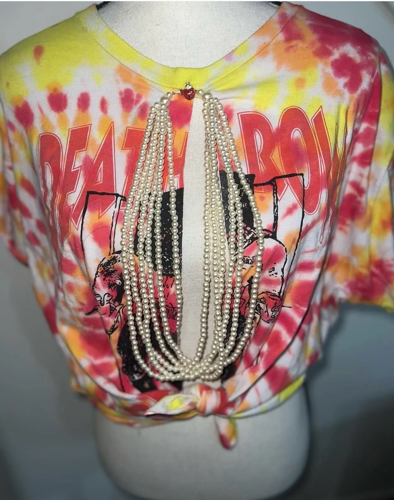 Product image for Upcycled Vintage Death Row Tie Dye Graphic Tee with attached MultiString Vintage Pearl Necklace