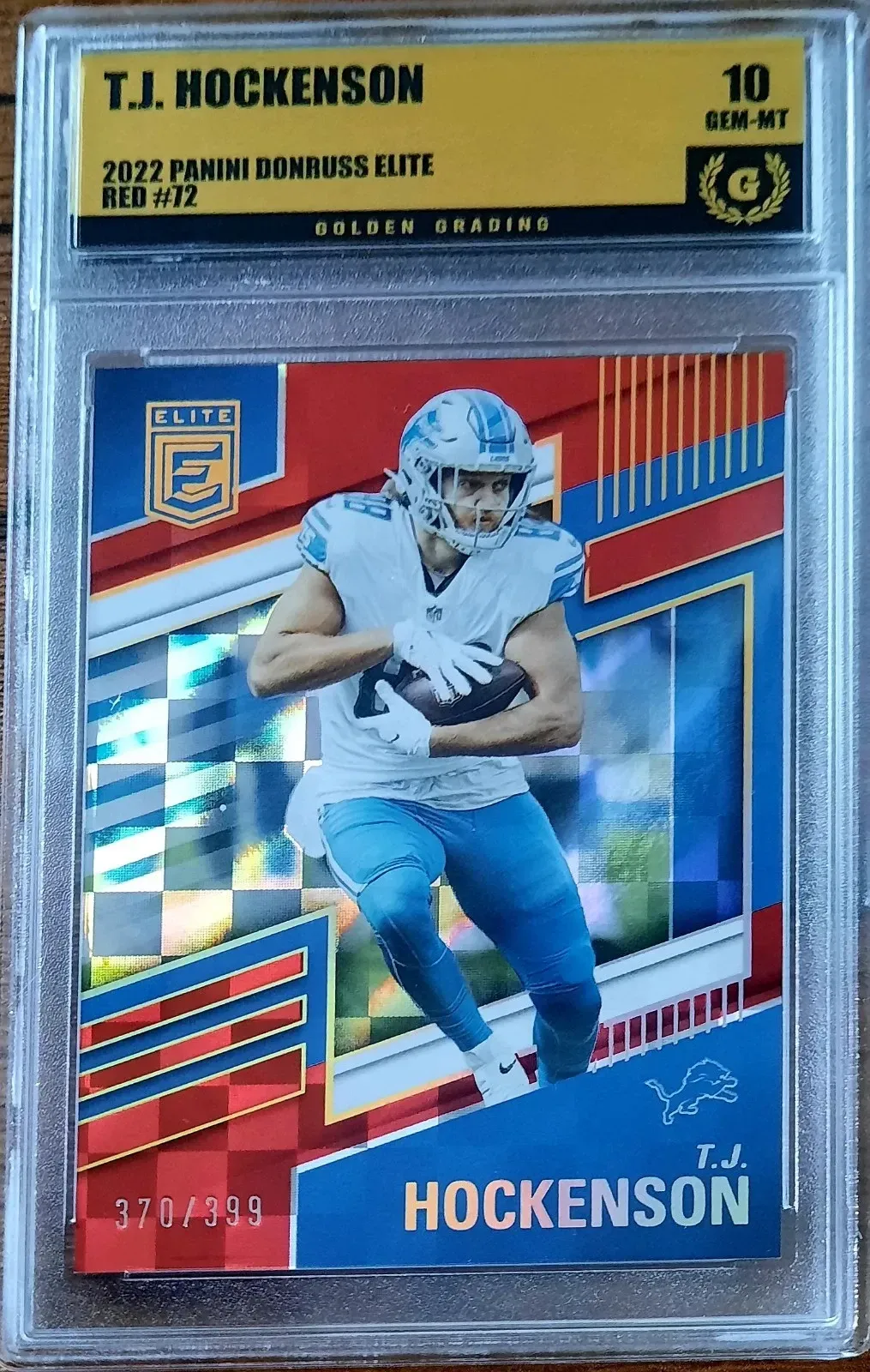 Product image for TJ Hockenson 2022 Panini Donruss Elite #72 Red 370/399 Golden Grading (GG) 10 Gem Mint
