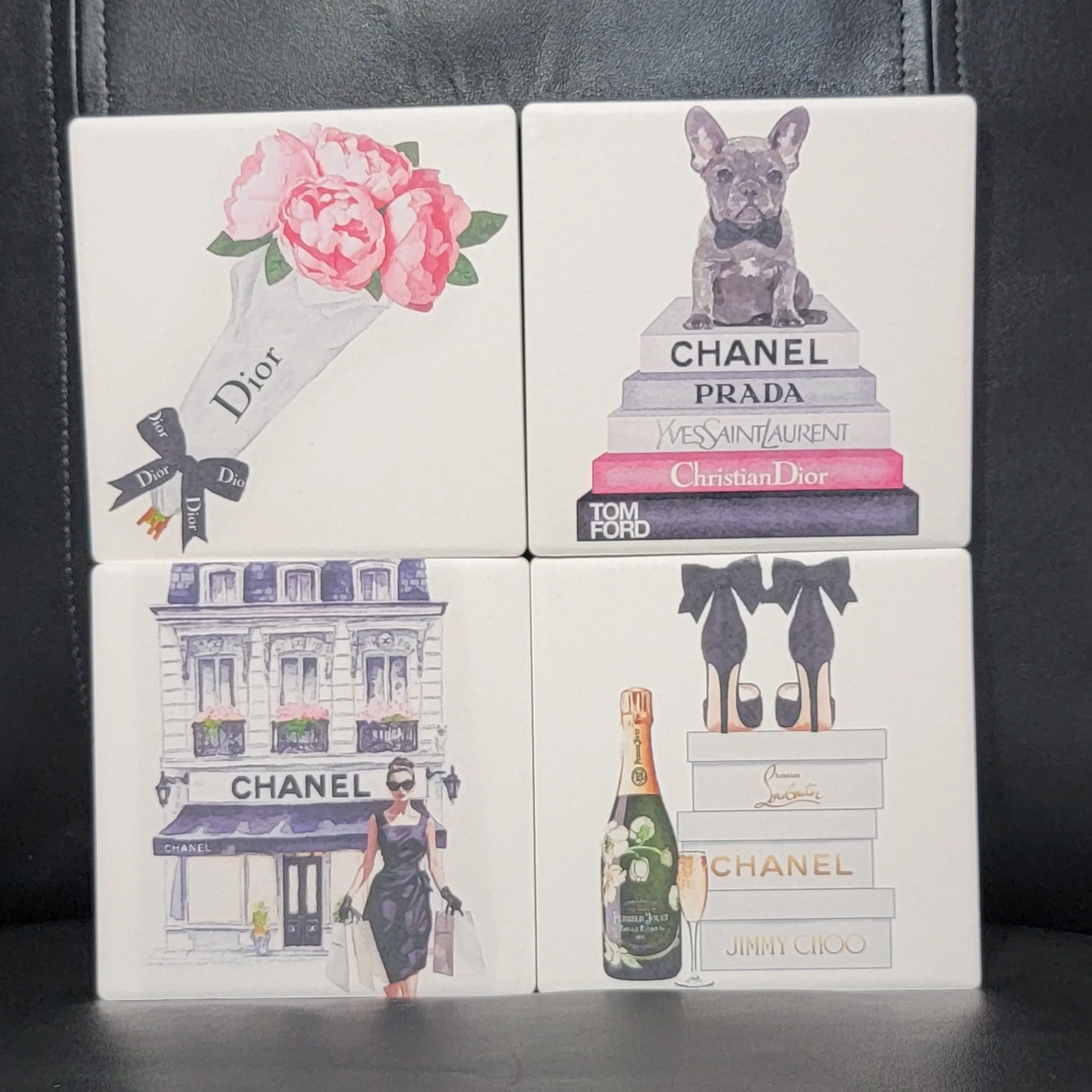 Product image for Set Of 4 Luxury Designer Brand Ceramic Coasters  Dior Chanel Prada YSL Tom Ford

This set of 4 luxur
