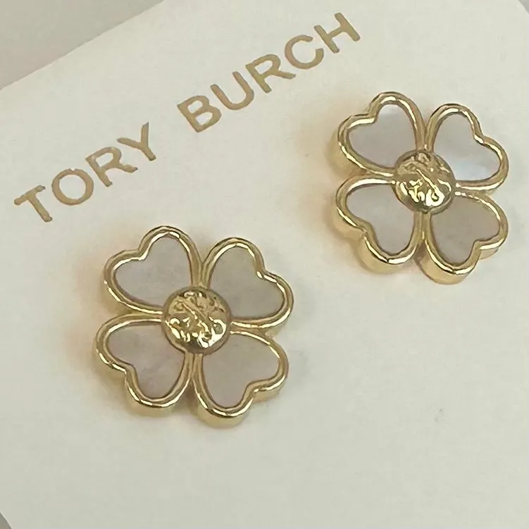 Product image for New Tory Burch 4 Heart Gold/Iridescence Flower Stud on TB Earring Card