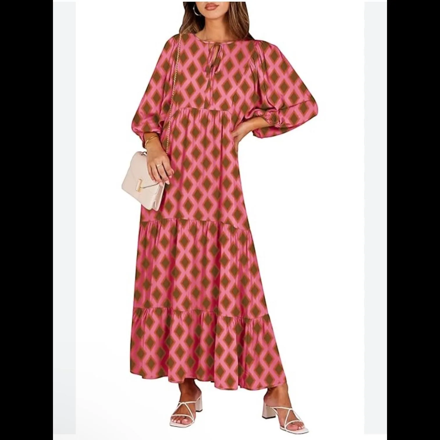 Product image for Pink Plaid A-Line Swing Tiered Boho Maxi Dress OVERSIZED Medium