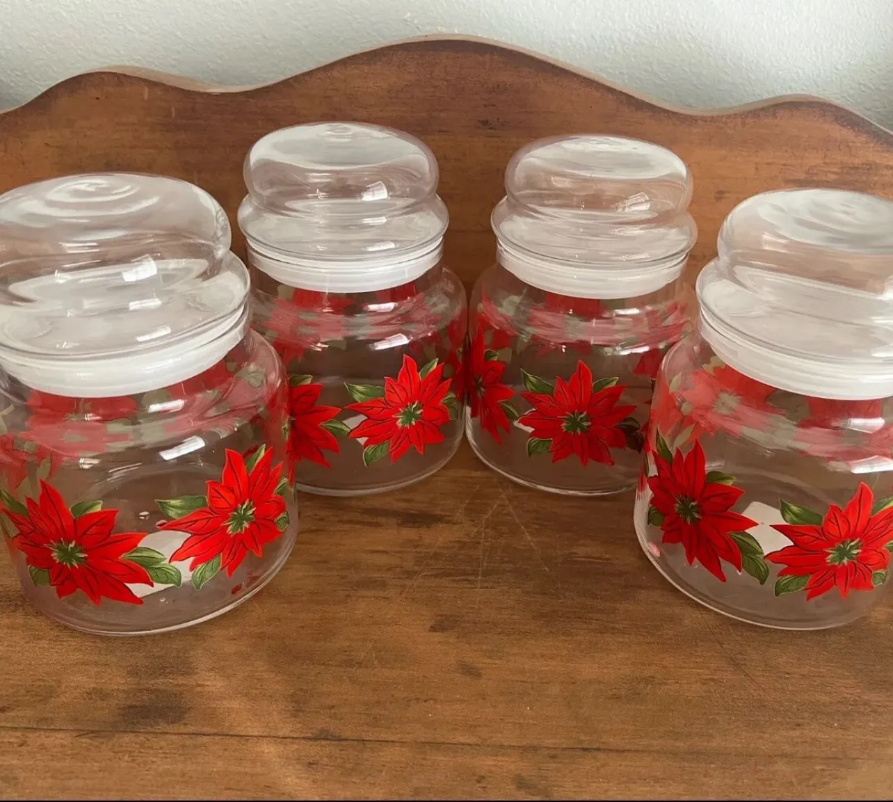 Product image for Set of 4 LIBBEY POINSETTIA GLASS JARS with LIDS PRISTINE CONDITION