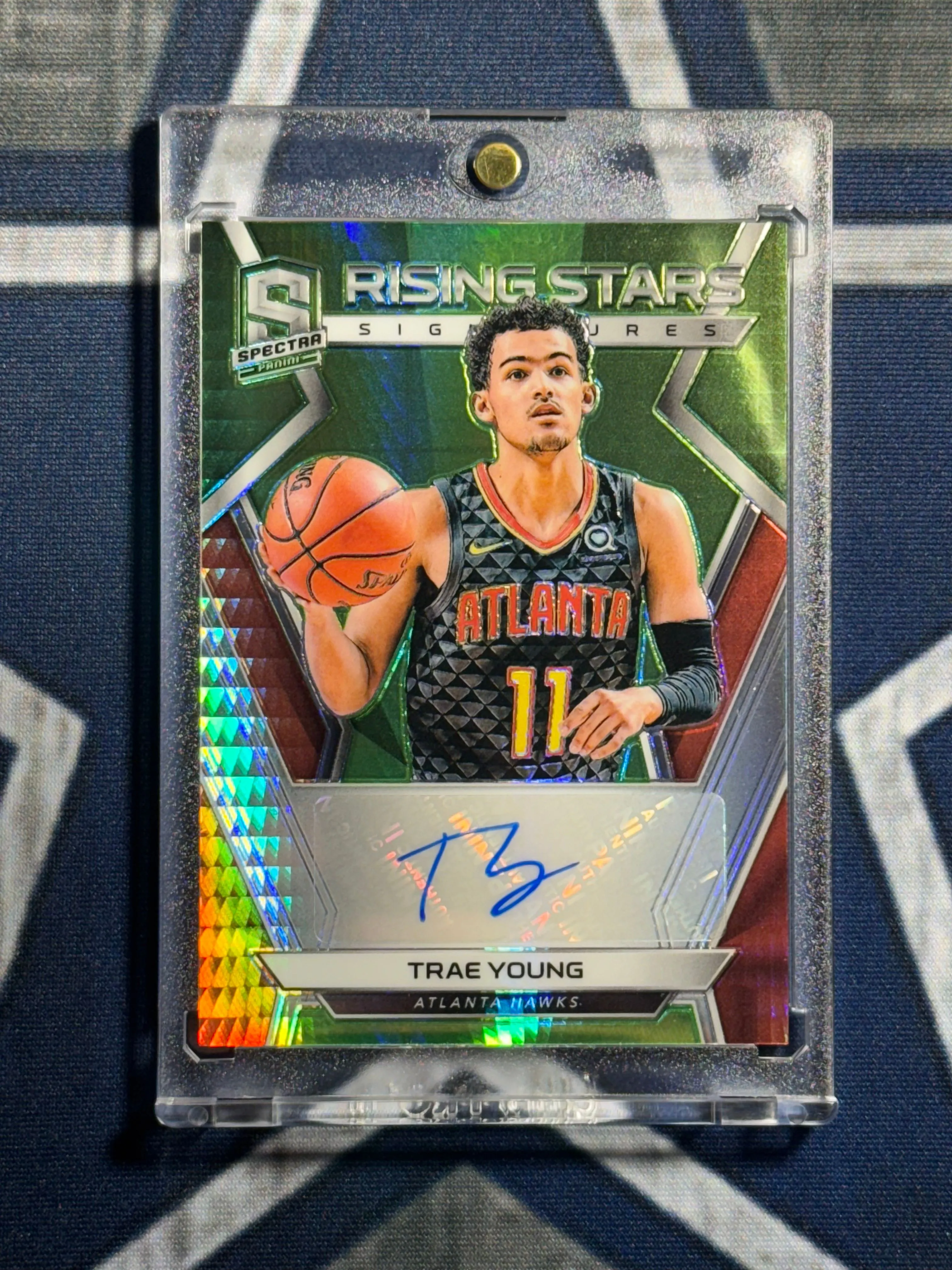 Product image for 2018 Trae Young Spectra Rising Stars Green Neon RC Auto Bookend 49/49 Hawks