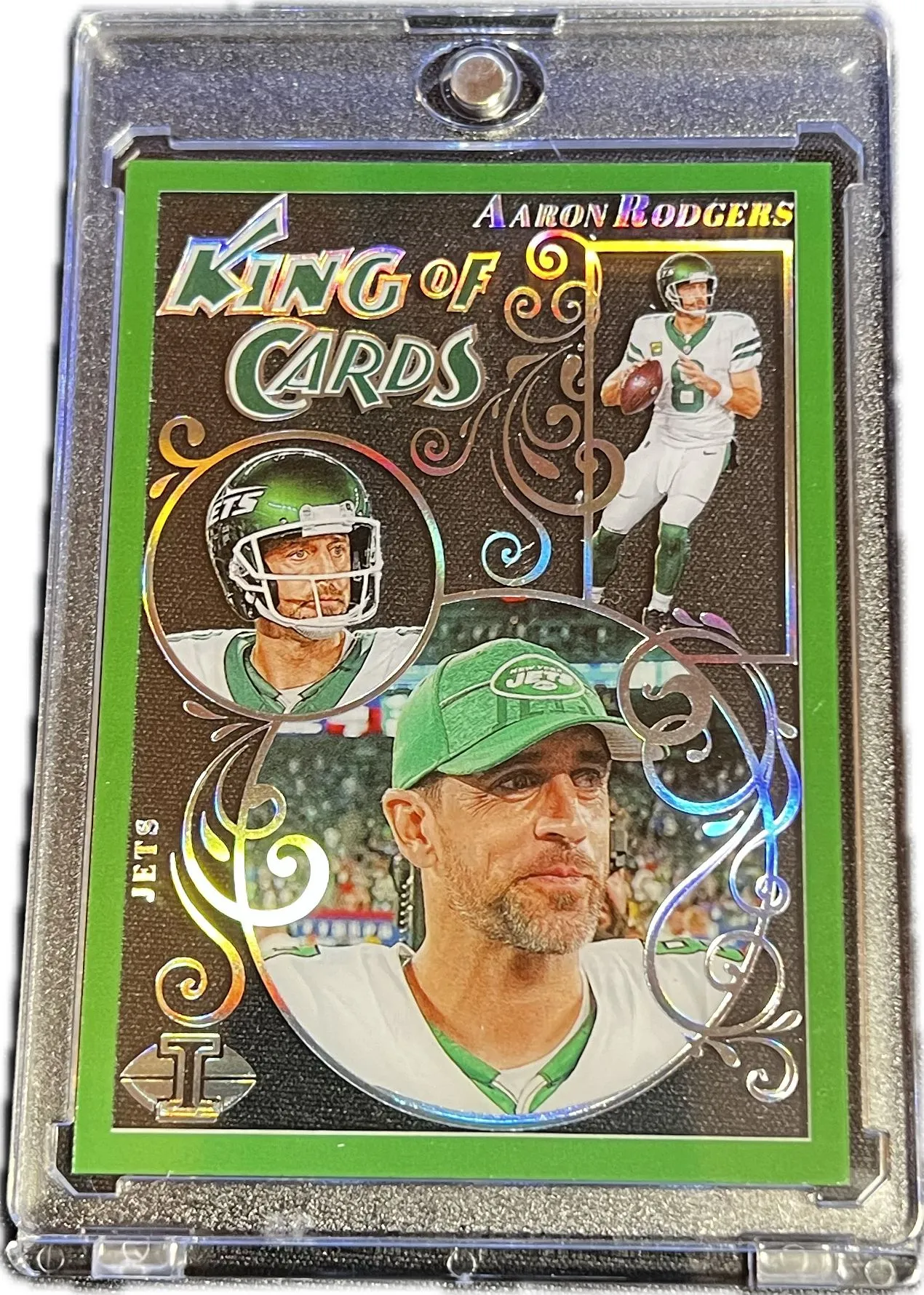Product image for Aaron Rodgers 2023 Panini Illusions King of Cards Acetate COLORMATCH GREEN PARALLEL (No. 1)