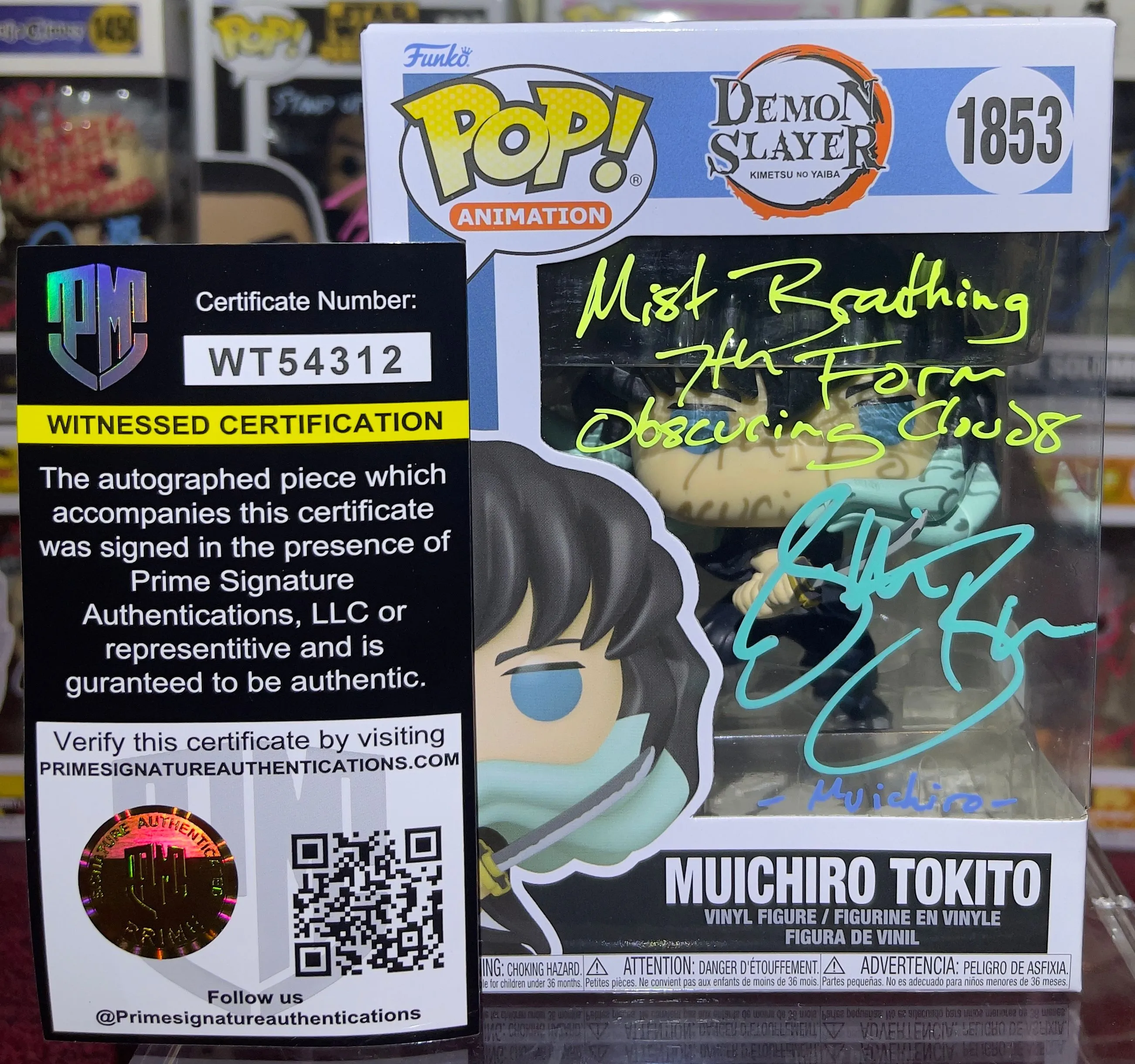 Product image for Demon Slayer Anime Muichiro Tokito #1853 Signed By Griffin Burns Funko Pop Prime COA