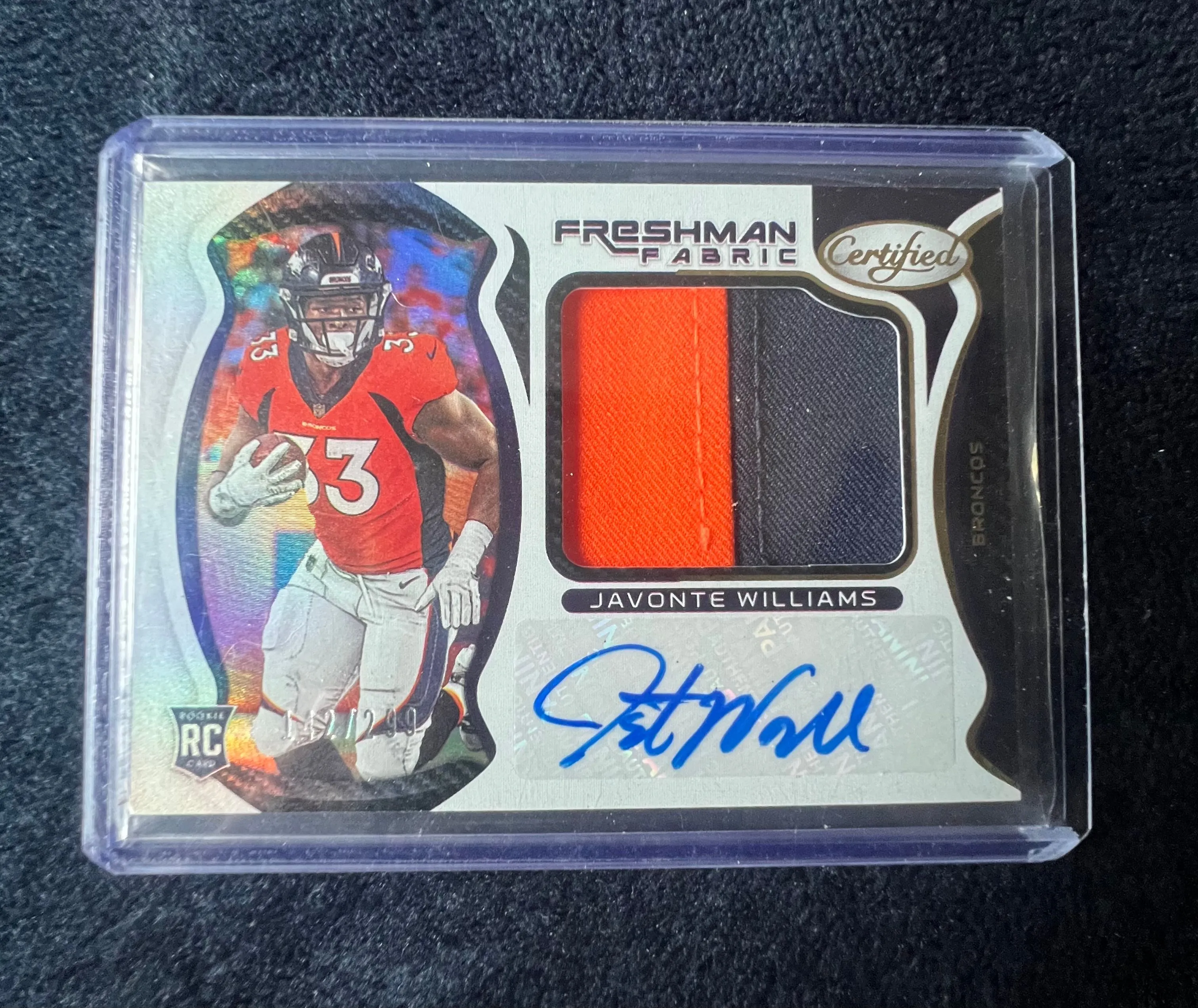 Product image for 2021 Panini Certified Javonte Williams Freshman Fabric RPA /299 #215 Broncos RC