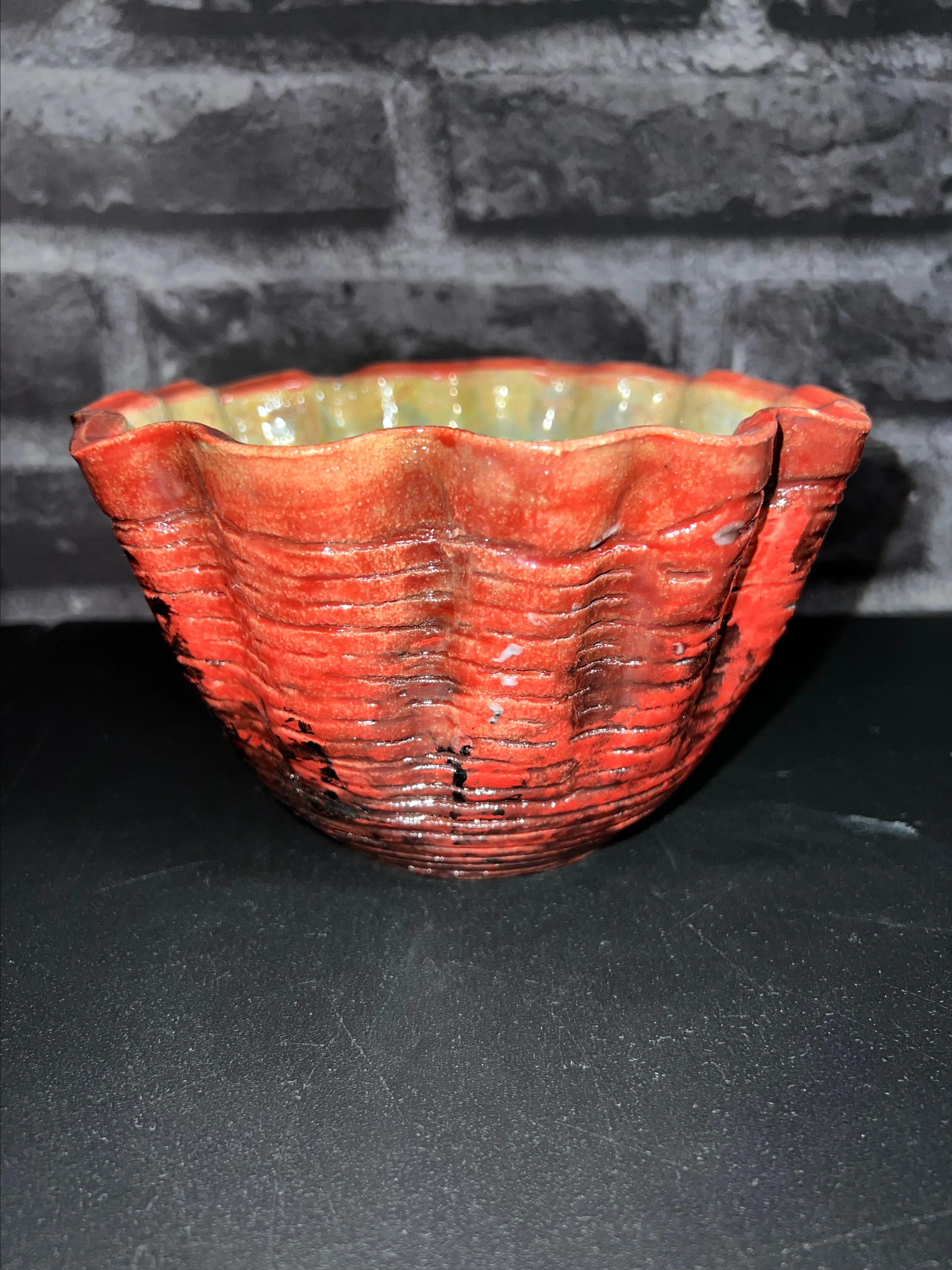Product image for Vintage Scalloped Pearlescent Oyster 6.5” Bowl Orange