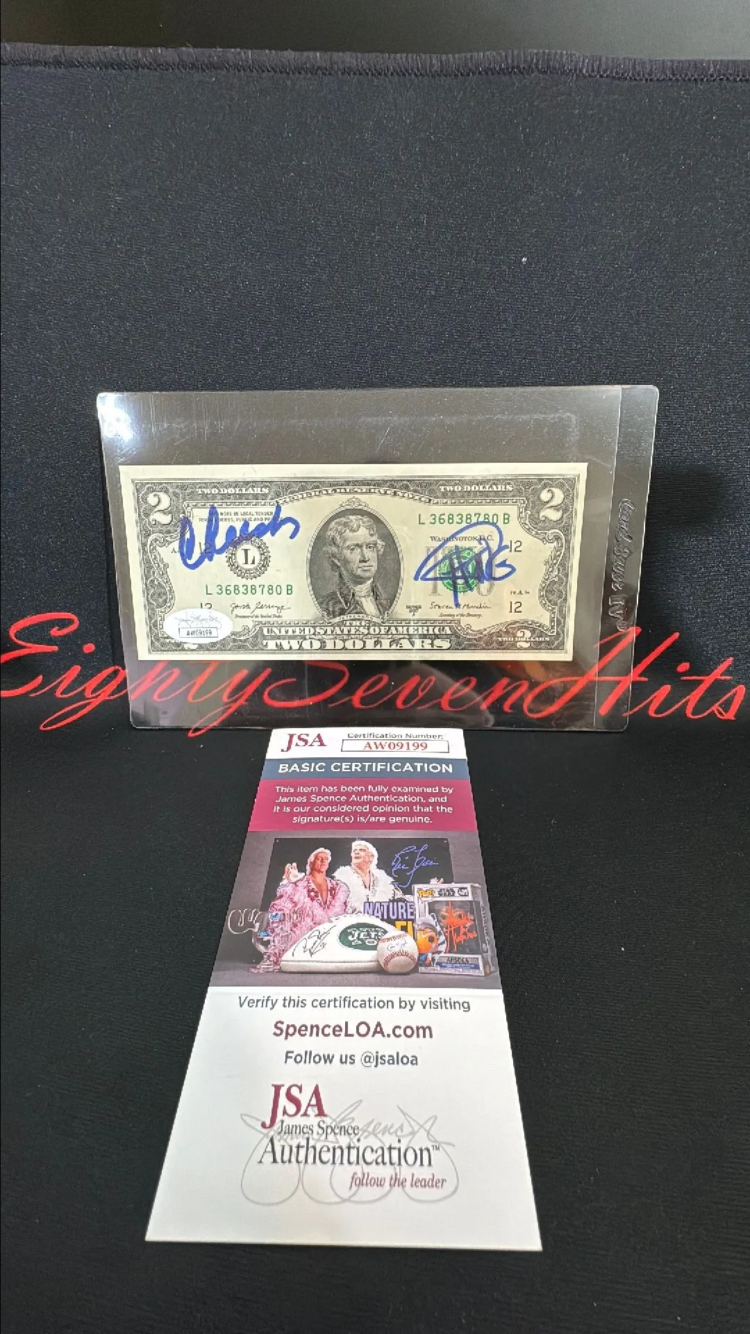 Product image for Uncirculated $2.00 US Bill with autographs by Cheech Marin and Tommy Chong. JSA Certified.