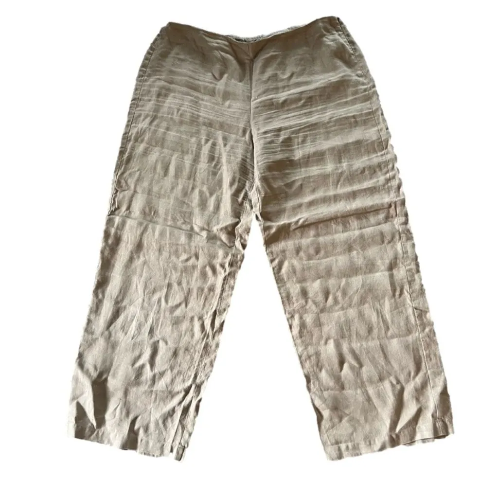 Product image for EILEEN FISHER Beige Irish Linen Wide Leg Trousers Size LP Lagenlook Long Line