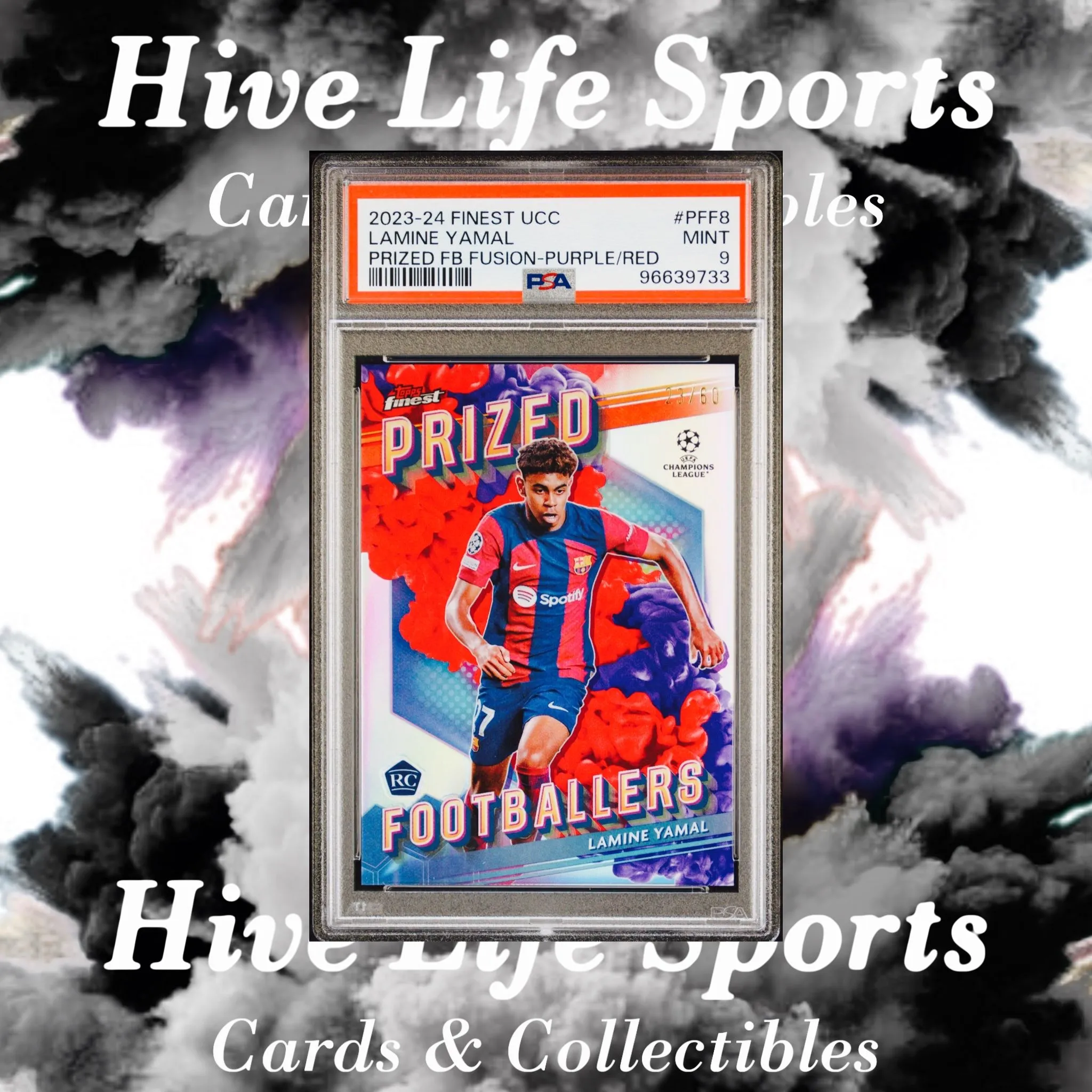 Product image for Lamine Yamal 2023-24 Finest Prized FB Fusion Purple Red RC /60 #PFF8 Barcelona PSA 9