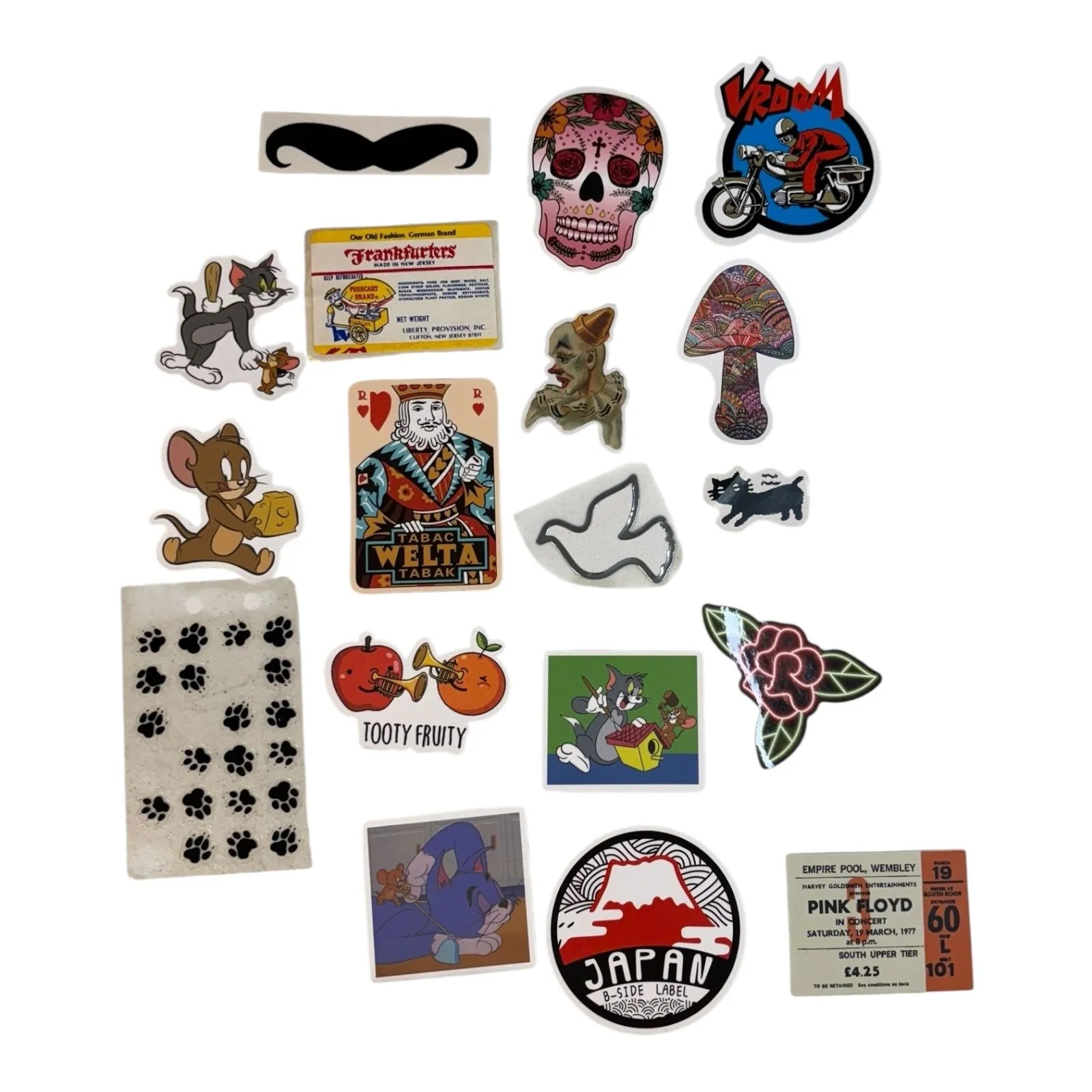 Product image for 18  Annie's Treasured STICKER Lot * frankfurters mustache  Tom & Jerry  Day of the Dead. Clown Rose