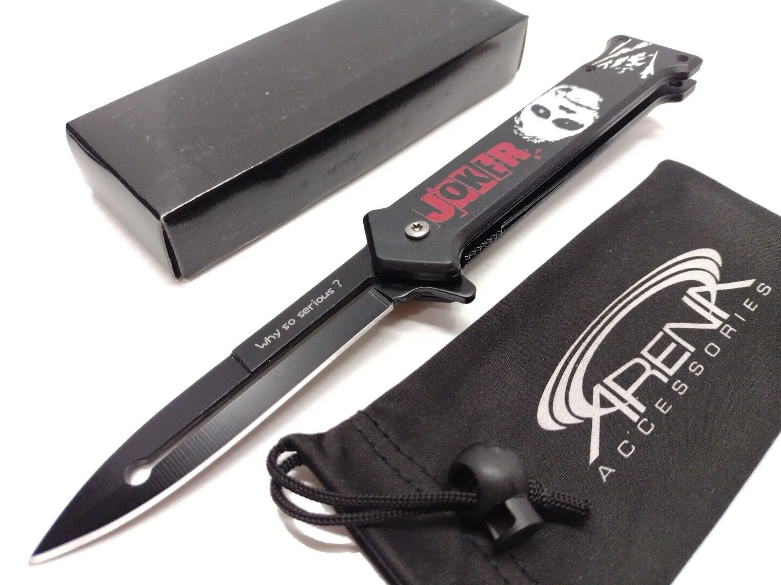 Product image for JOKER Dark Knight Rises Assisted Stiletto Pocket Knife "Why So Serious"