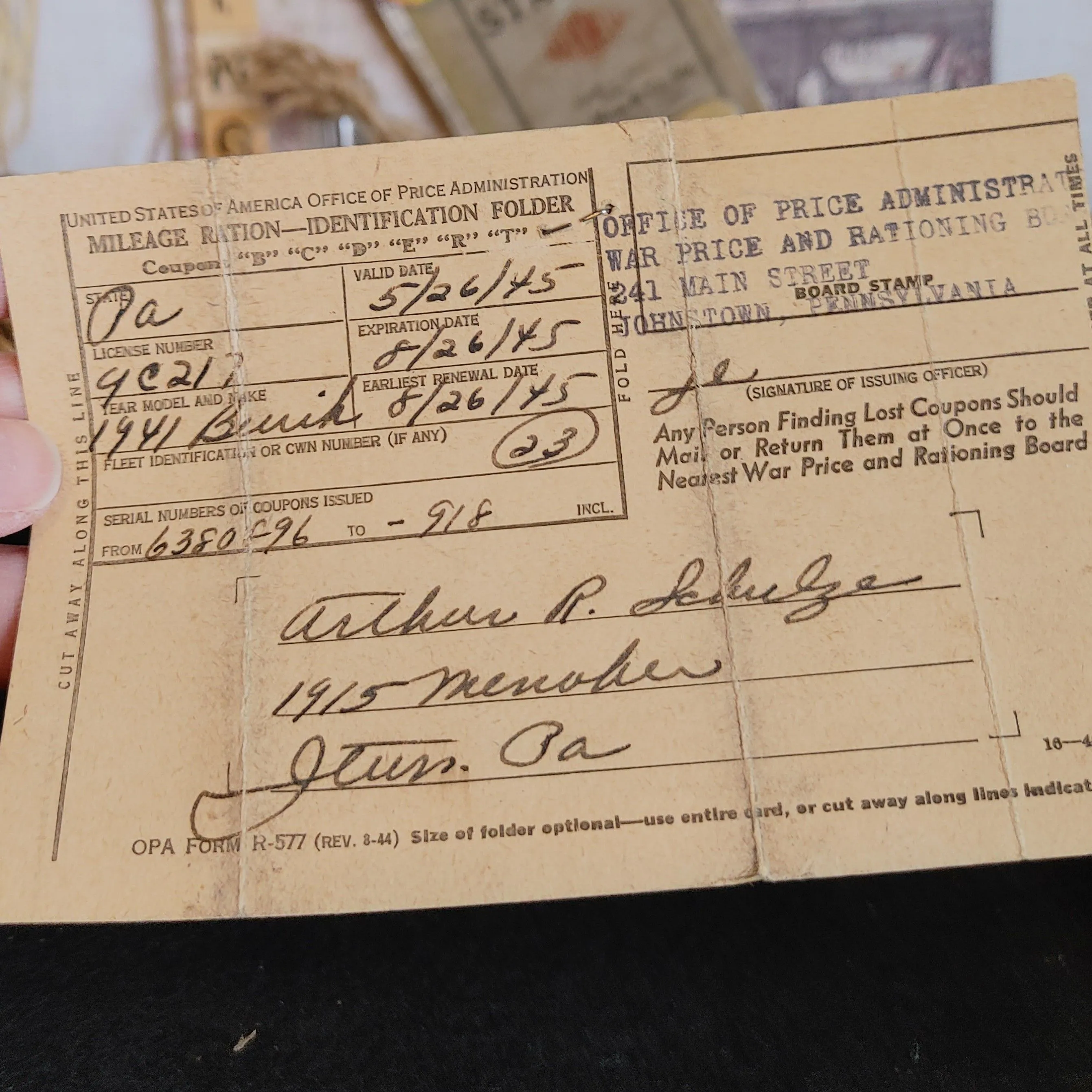 Product image for Mileage Ration dated 1945 with one stamp